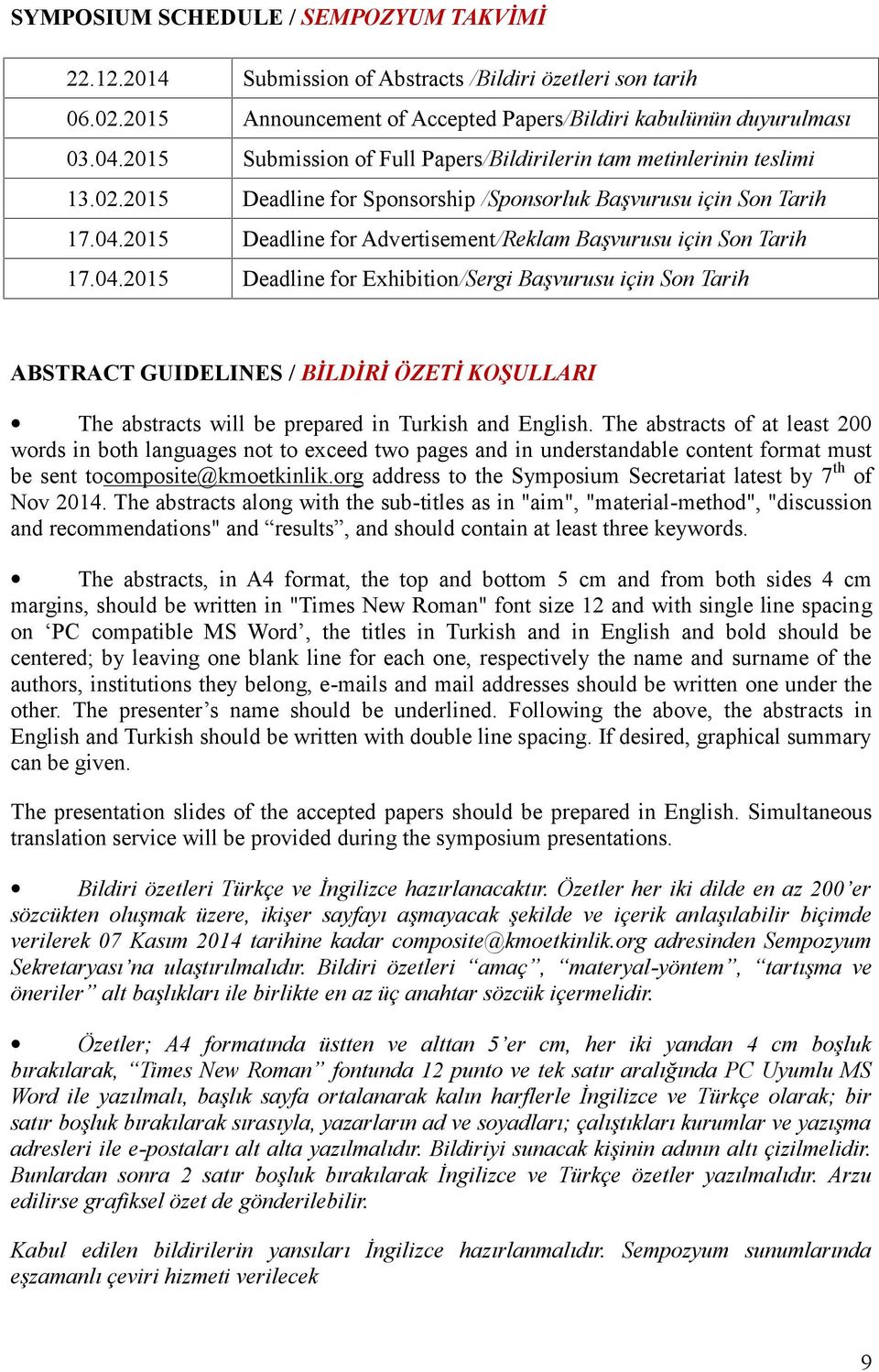 2015 Deadline for Advertisement/Reklam Başvurusu için Son Tarih 17.04.