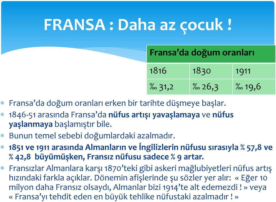 1851 ve 1911 arasında Almanların ve İngilizlerin nüfusu sırasıyla % 57,8 ve % 42,8 büyümüşken, Fransız nüfusu sadece % 9 artar.