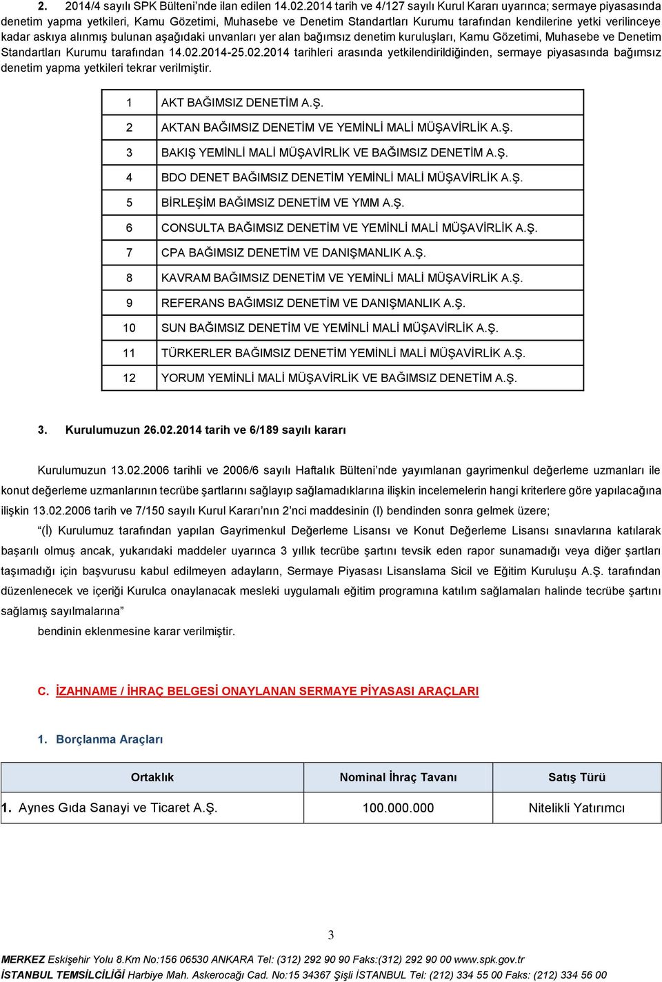 askıya alınmış bulunan aşağıdaki unvanları yer alan bağımsız denetim kuruluşları, Kamu Gözetimi, Muhasebe ve Denetim Standartları Kurumu tarafından 14.02.