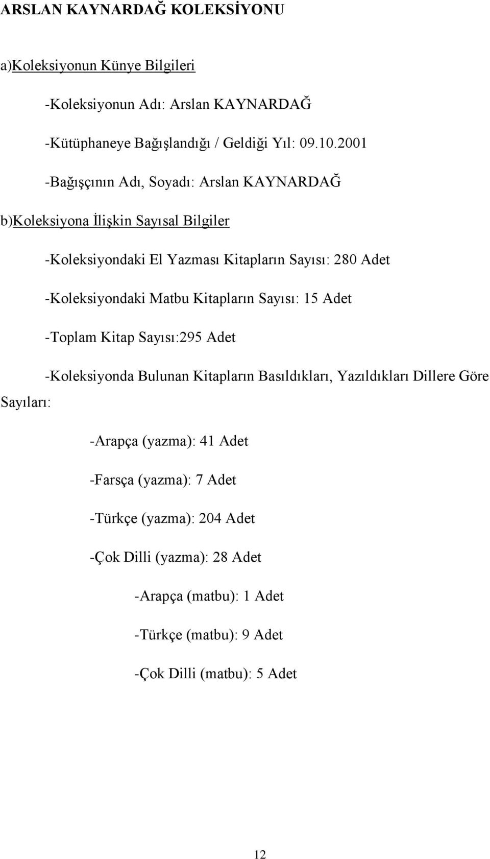 Matbu Kitapların Sayısı: 15 Adet -Toplam Kitap Sayısı:295 Adet -Koleksiyonda Bulunan Kitapların Basıldıkları, Yazıldıkları Dillere Göre Sayıları: -Arapça