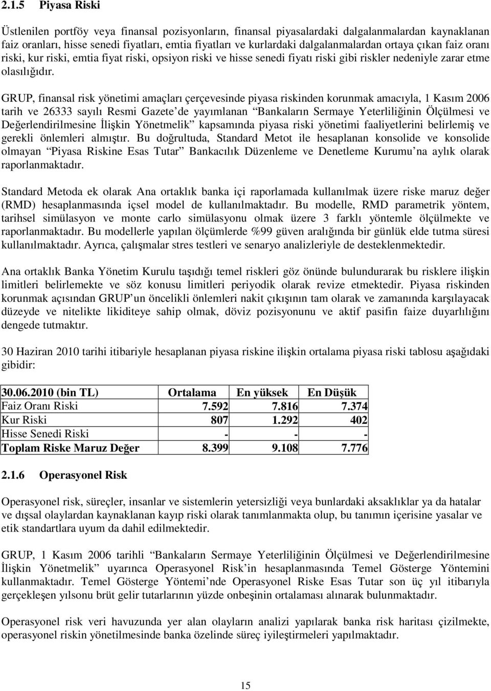 GRUP, finansal risk yönetimi amaçları çerçevesinde piyasa riskinden korunmak amacıyla, 1 Kasım 2006 tarih ve 26333 sayılı Resmi Gazete de yayımlanan Bankaların Sermaye Yeterliliinin Ölçülmesi ve