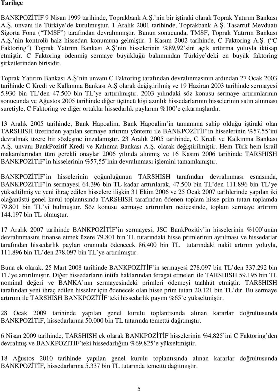 1 Kasım 2002 tarihinde, C Faktoring A.. ( C Faktoring ) Toprak Yatırım Bankası A. nin hisselerinin %89,92 sini açık arttırma yoluyla iktisap etmitir.