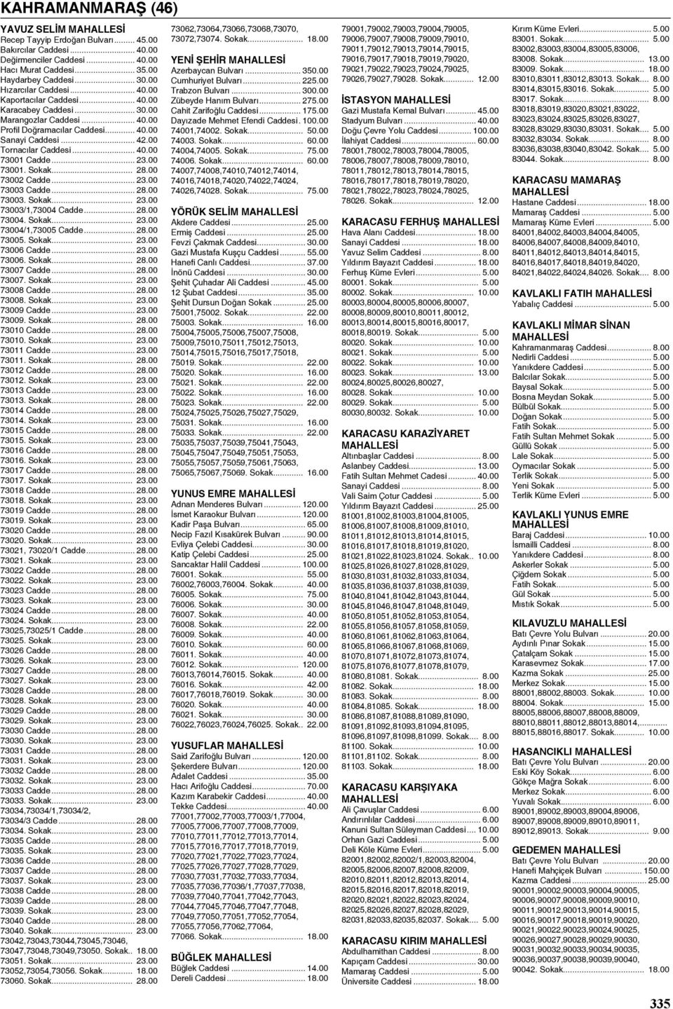 00 73002 Cadde... 23.00 73003 Cadde... 28.00 73003. Sokak... 23.00 73003/1,73004 Cadde... 28.00 73004. Sokak... 23.00 73004/1,73005 Cadde... 28.00 73005. Sokak... 23.00 73006 Cadde... 23.00 73006. Sokak... 28.00 73007 Cadde.