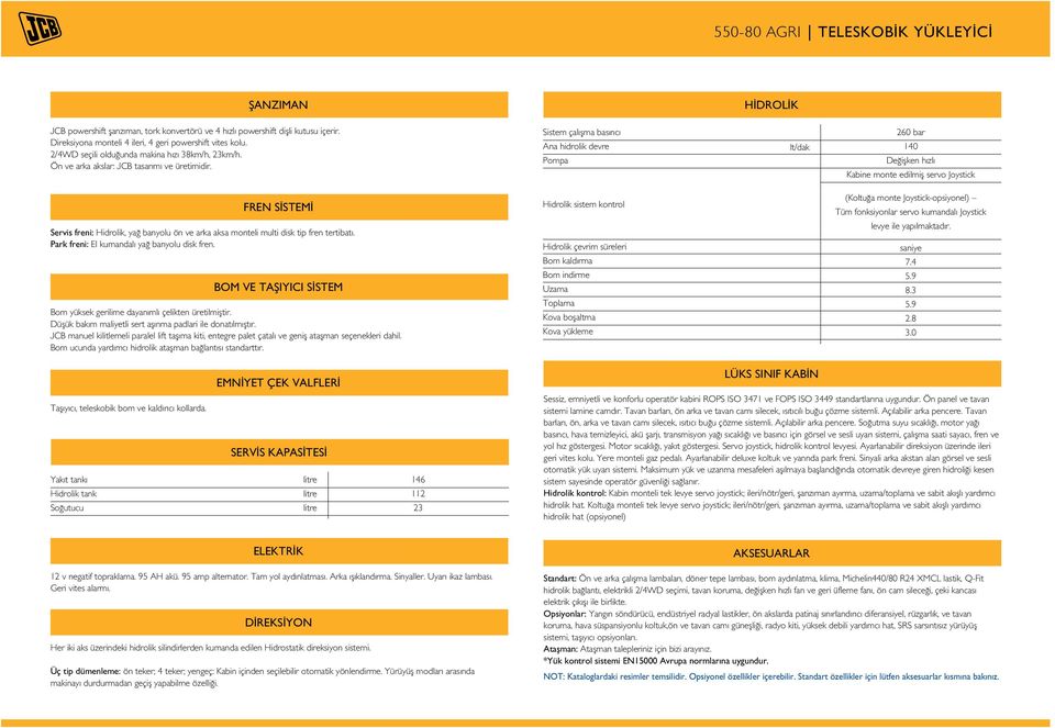 Sistem çalışma basıncı Ana hidrolik devre Pompa lt/dak bar 1 Değişken hızlı Kabine monte edilmiş servo Joystick FREN SİSTEMİ Servis freni: Hidrolik, yağ banyolu ön ve arka aksa monteli multi disk tip
