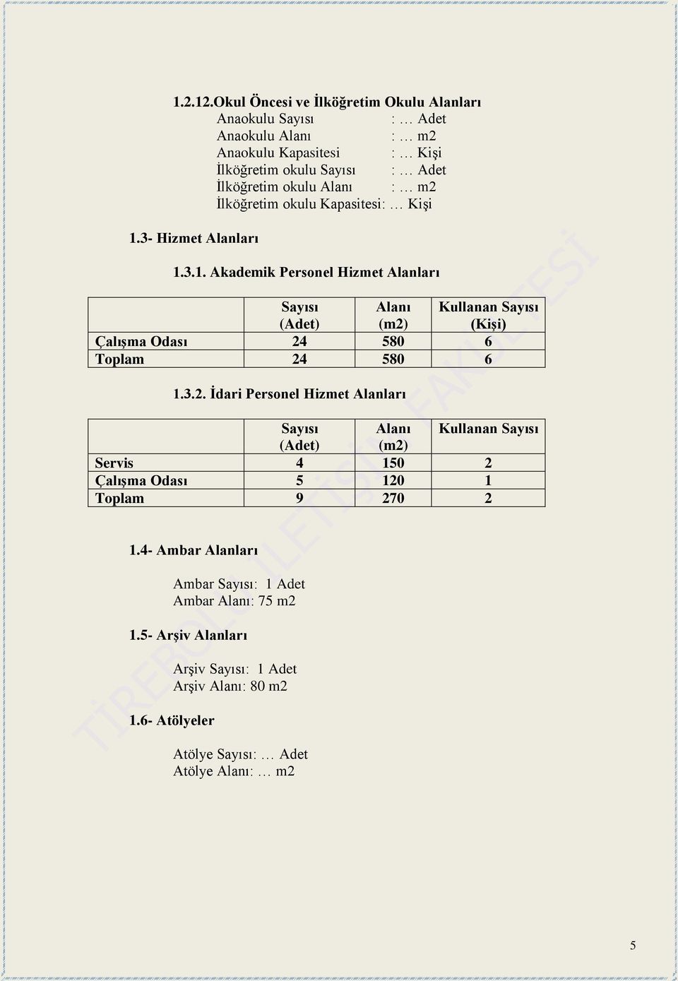 : m2 İlköğretim okulu Kapasitesi: Kişi 1.3- Hizmet Alanları 1.3.1. Akademik Personel Hizmet Alanları Sayısı (Adet) Alanı (m2) Kullanan Sayısı (Kişi) Çalışma Odası 24 580 6 Toplam 24 580 6 1.