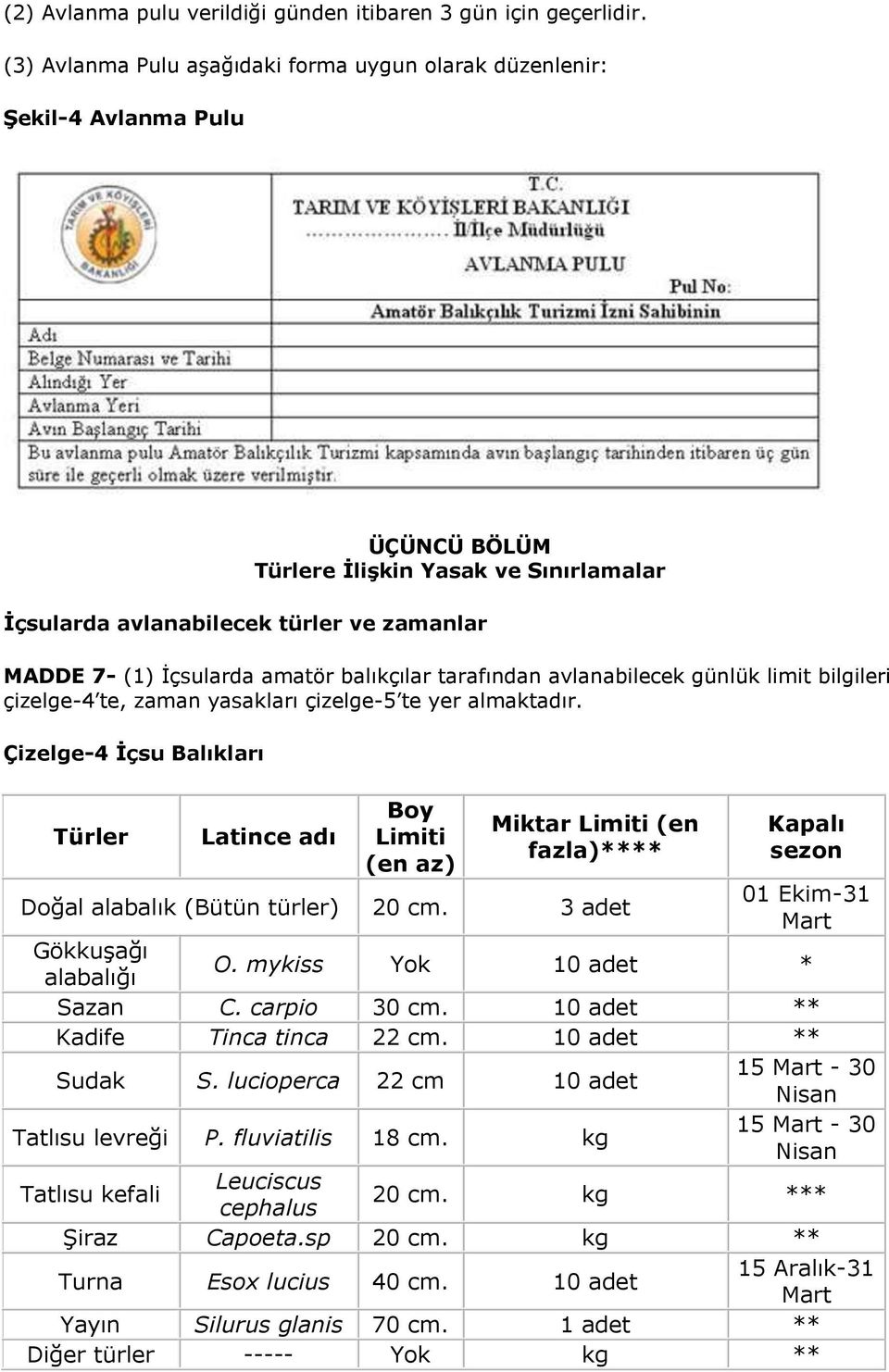 amatör balıkçılar tarafından avlanabilecek günlük limit bilgileri çizelge-4 te, zaman yasakları çizelge-5 te yer almaktadır.