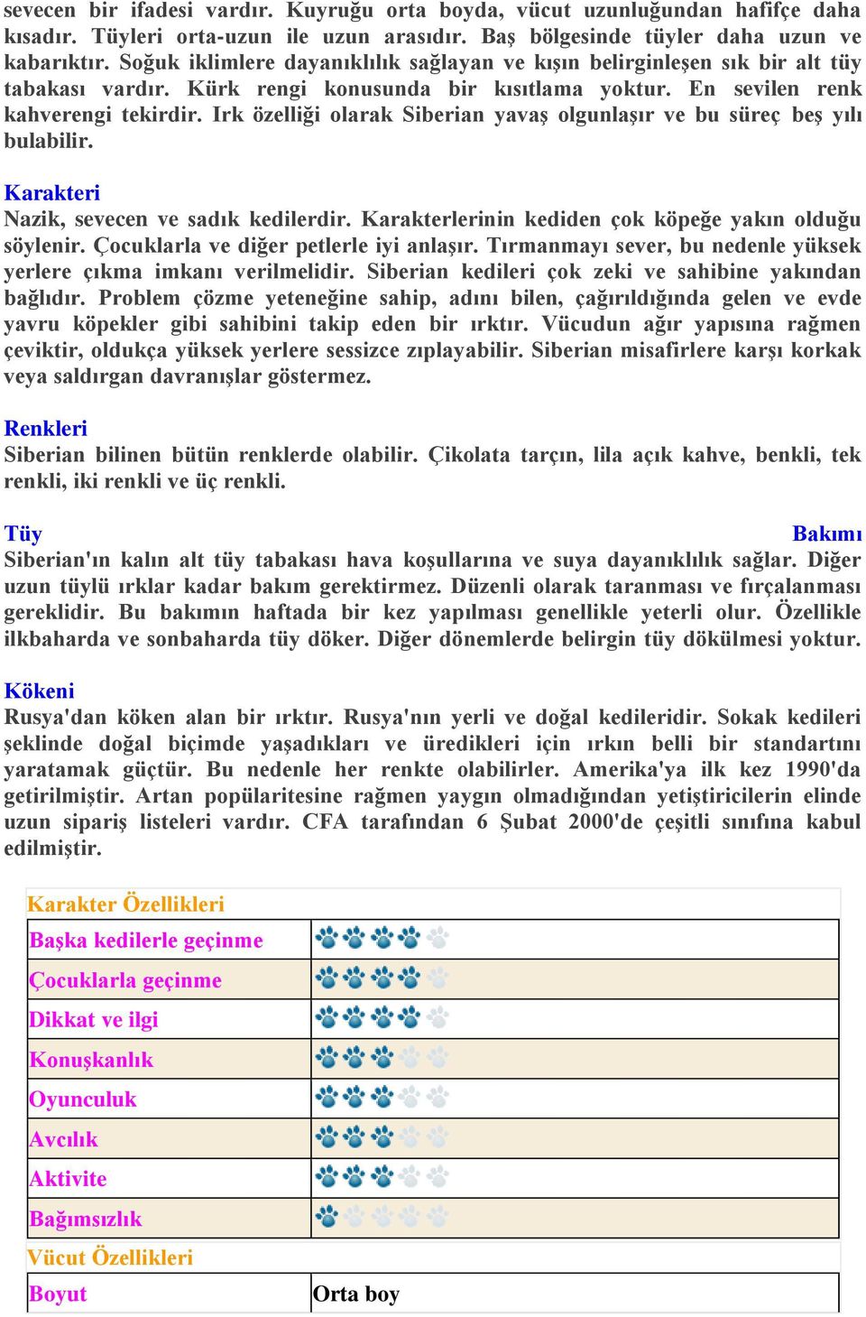 Irk özelliği olarak Siberian yavaş olgunlaşır ve bu süreç beş yılı bulabilir. Karakteri Nazik, sevecen ve sadık kedilerdir. Karakterlerinin kediden çok köpeğe yakın olduğu söylenir.