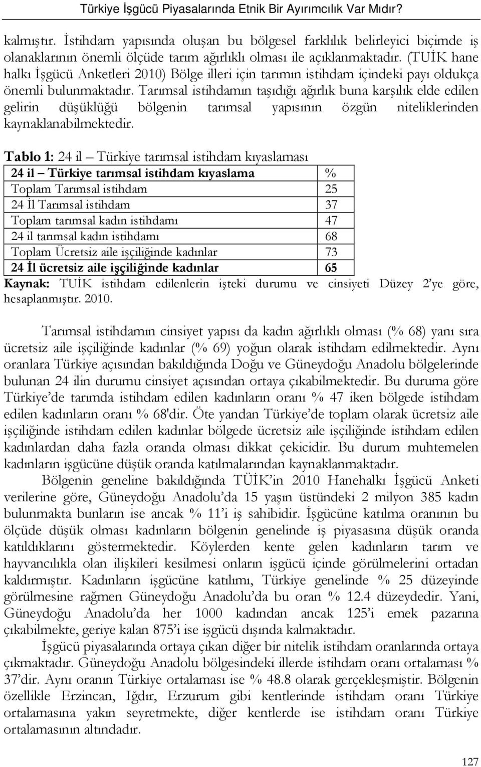 Tarımsal istihdamın taşıdığı ağırlık buna karşılık elde edilen gelirin düşüklüğü bölgenin tarımsal yapısının özgün niteliklerinden kaynaklanabilmektedir.