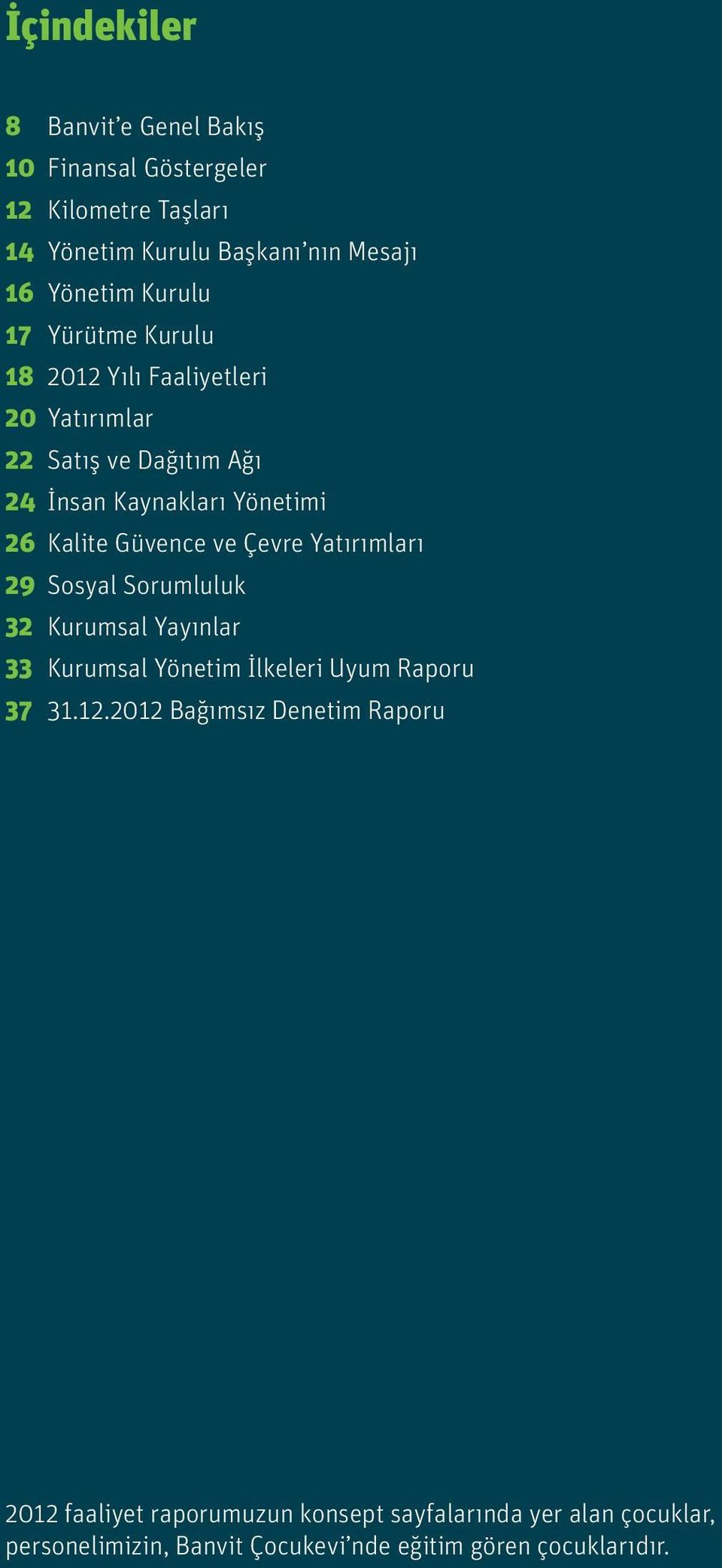 Güvence ve Çevre Yatırımları 29 Sosyal Sorumluluk 32 Kurumsal Yayınlar 33 Kurumsal Yönetim İlkeleri Uyum Raporu 37 31.12.