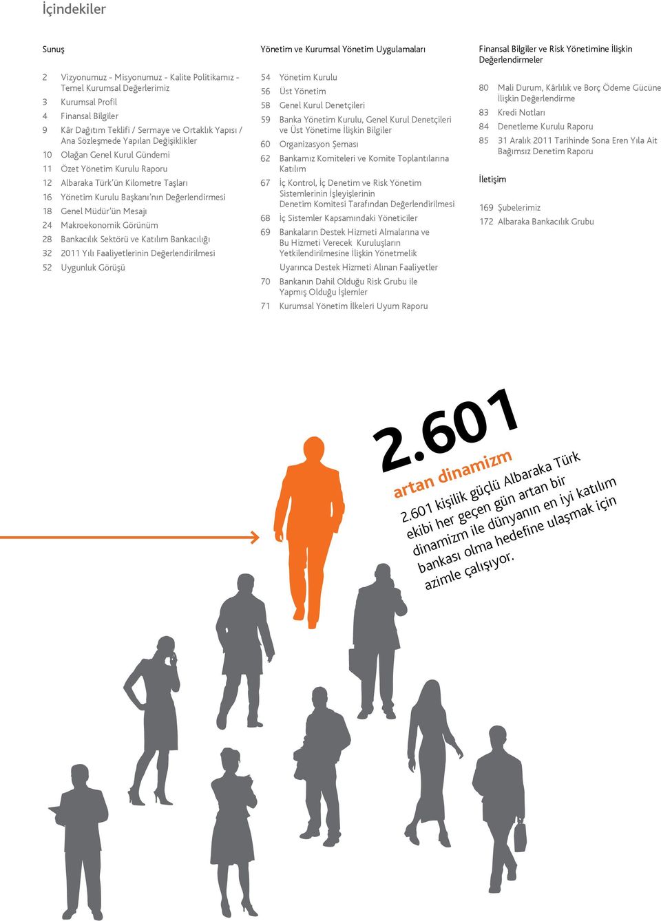 Mesajı 24 Makroekonomik Görünüm 28 Bankacılık Sektörü ve Katılım Bankacılığı 32 2011 Yılı Faaliyetlerinin Değerlendirilmesi 52 Uygunluk Görüşü Yönetim ve Kurumsal Yönetim Uygulamaları 54 Yönetim