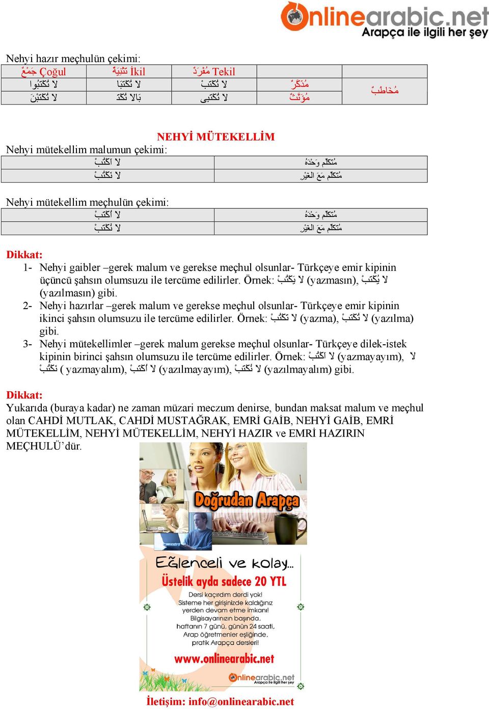 gerekse meçhul olsunlar- Türkçeye emir kipinin لا ی ك ت ب (yazmasın), لا ی ك ت ب Örnek: üçüncü şahsın olumsuzu ile tercüme edilirler. (yazılmasın) gibi.