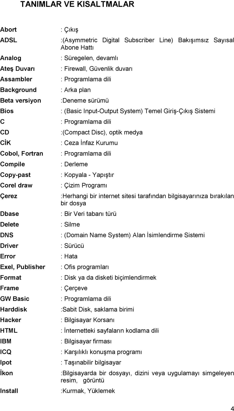 Programlama dili : Arka plan :Deneme sürümü : (Basic Input-Output System) Temel Giriş-Çıkış Sistemi : Programlama dili :(Compact Disc), optik medya : Ceza İnfaz Kurumu : Programlama dili : Derleme :