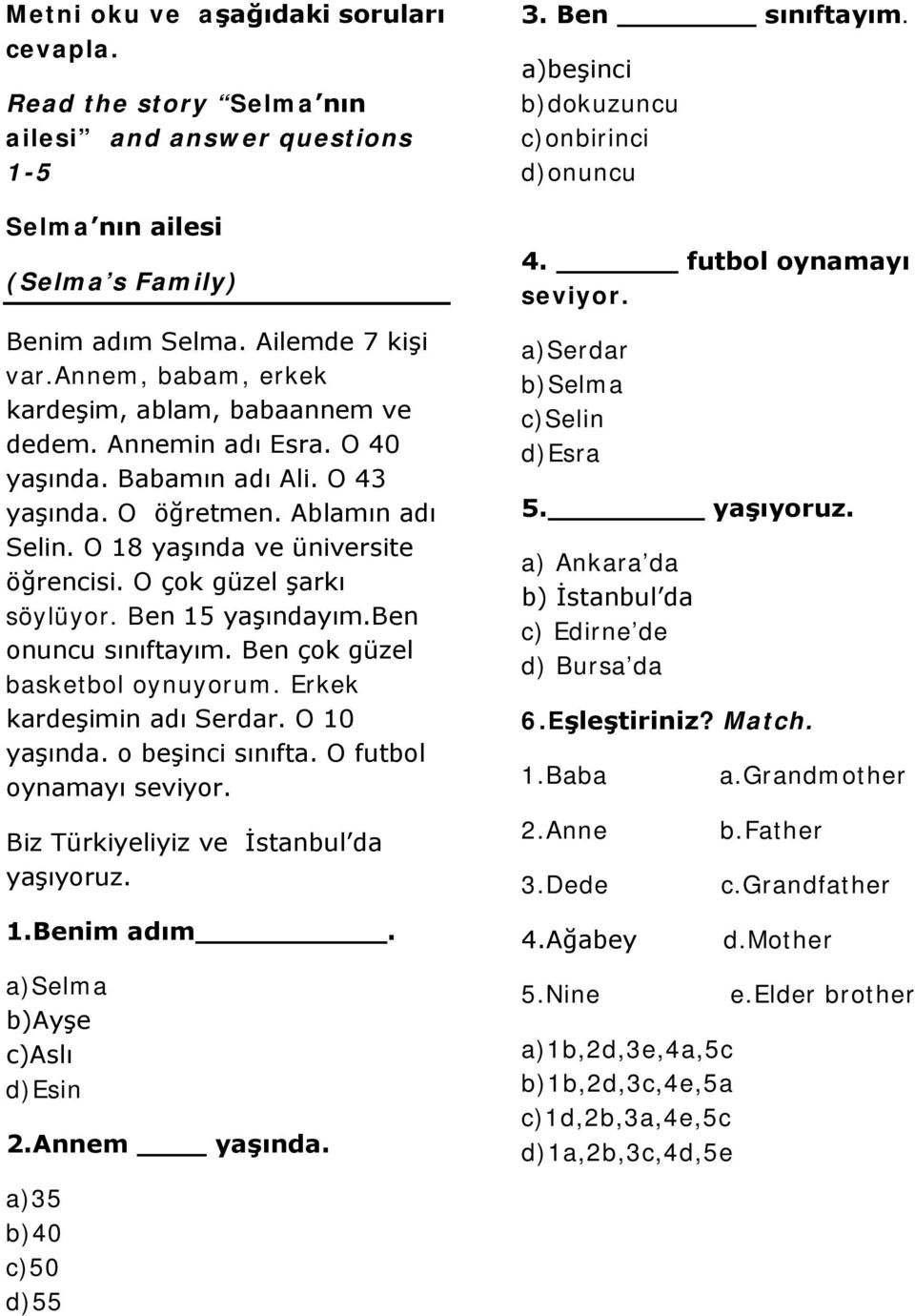 O çok güzel şarkı söylüyor. Ben 15 yaşındayım.ben onuncu sınıftayım. Ben çok güzel basketbol oynuyorum. Erkek kardeşimin adı Serdar. O 10 yaşında. o beşinci sınıfta. O futbol oynamayı seviyor.