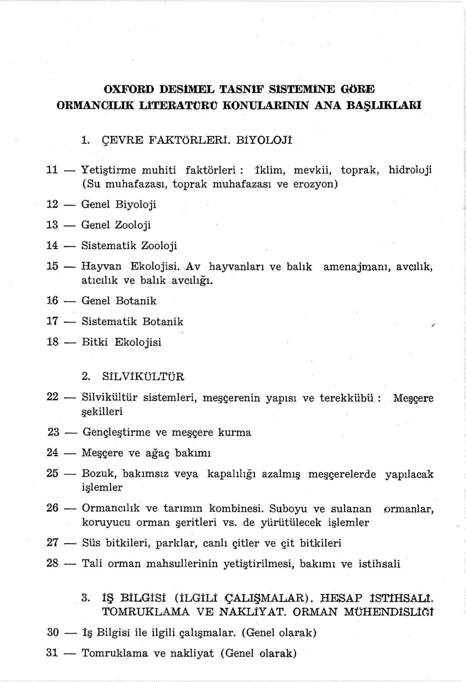 Ekolojisi. Av hayvanları ve balık amenajmanı, avcılık, atıcılık ve balık avcılığı. 16 - Genel Botanik 17 - Sistematik Botanik 18 - Bitki Ekolojisi 2.