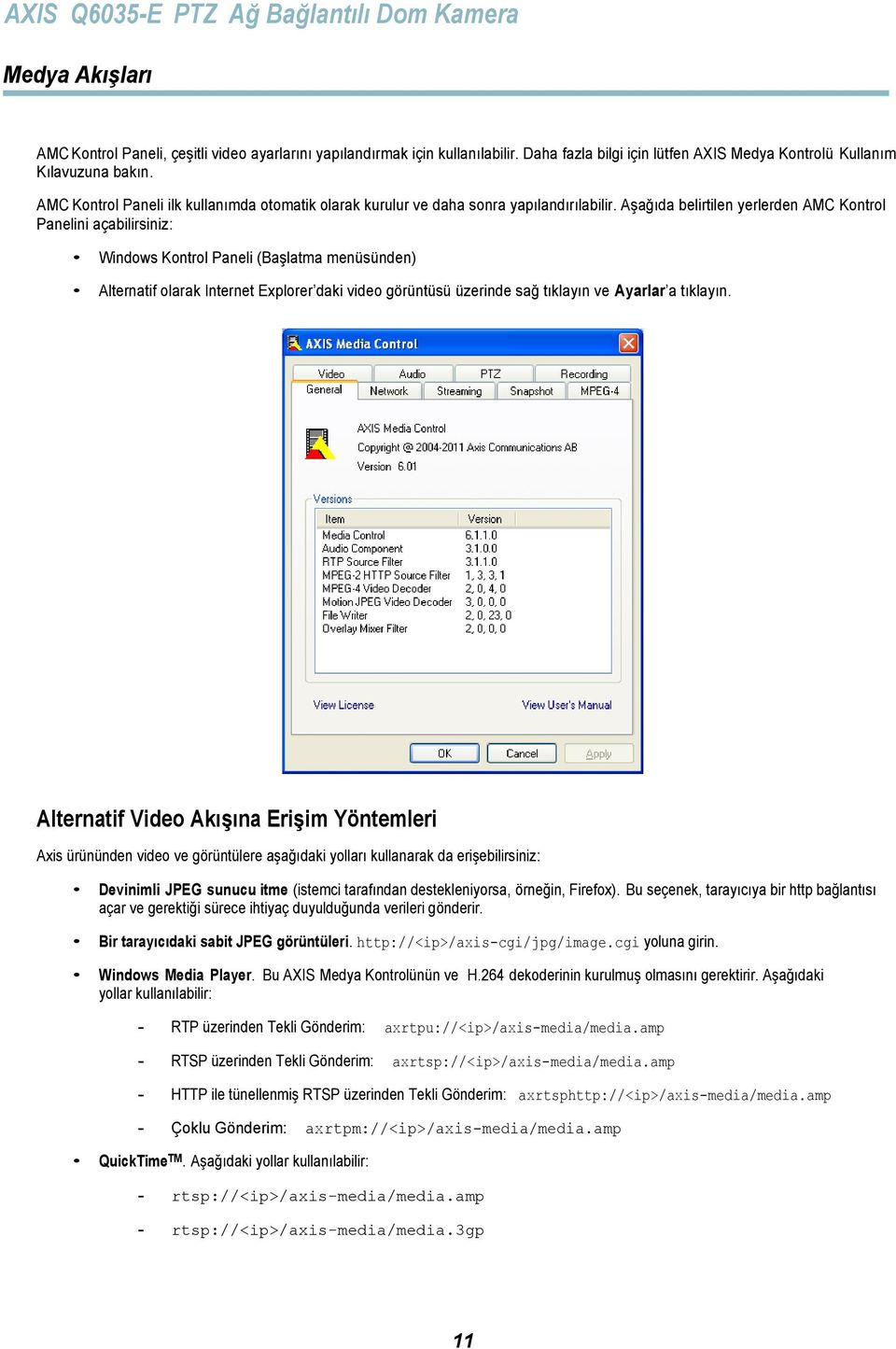 Aşağıda belirtilen yerlerden AMC Kontrol Panelini açabilirsiniz: Windows Kontrol Paneli (Başlatma menüsünden) Alternatif olarak Internet Explorer daki video görüntüsü üzerinde sağ tıklayın ve Ayarlar