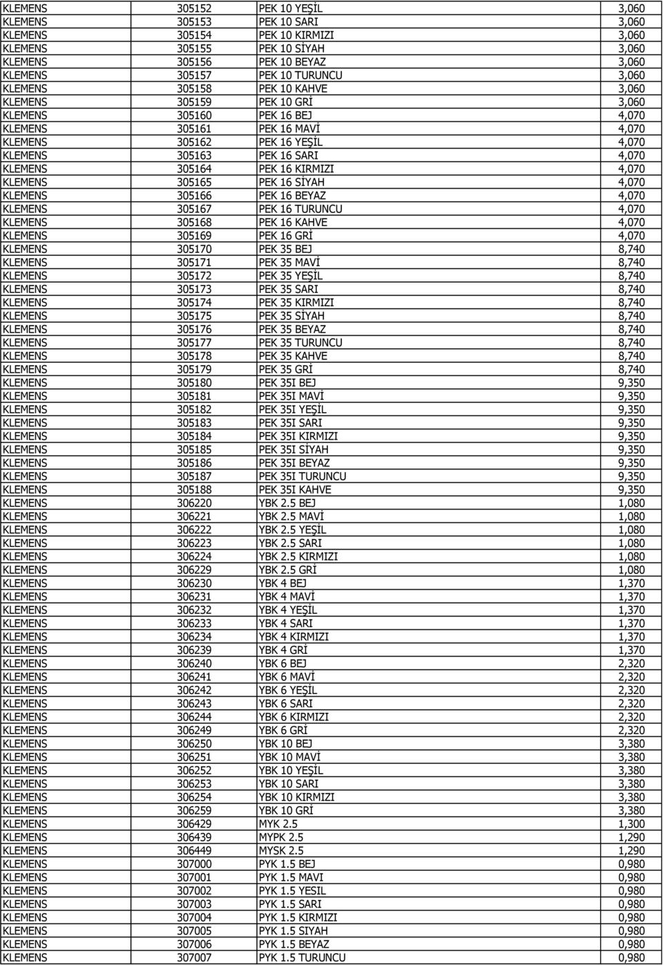 16 SARI 4,070 KLEMENS 305164 PEK 16 KIRMIZI 4,070 KLEMENS 305165 PEK 16 SİYAH 4,070 KLEMENS 305166 PEK 16 BEYAZ 4,070 KLEMENS 305167 PEK 16 TURUNCU 4,070 KLEMENS 305168 PEK 16 KAHVE 4,070 KLEMENS