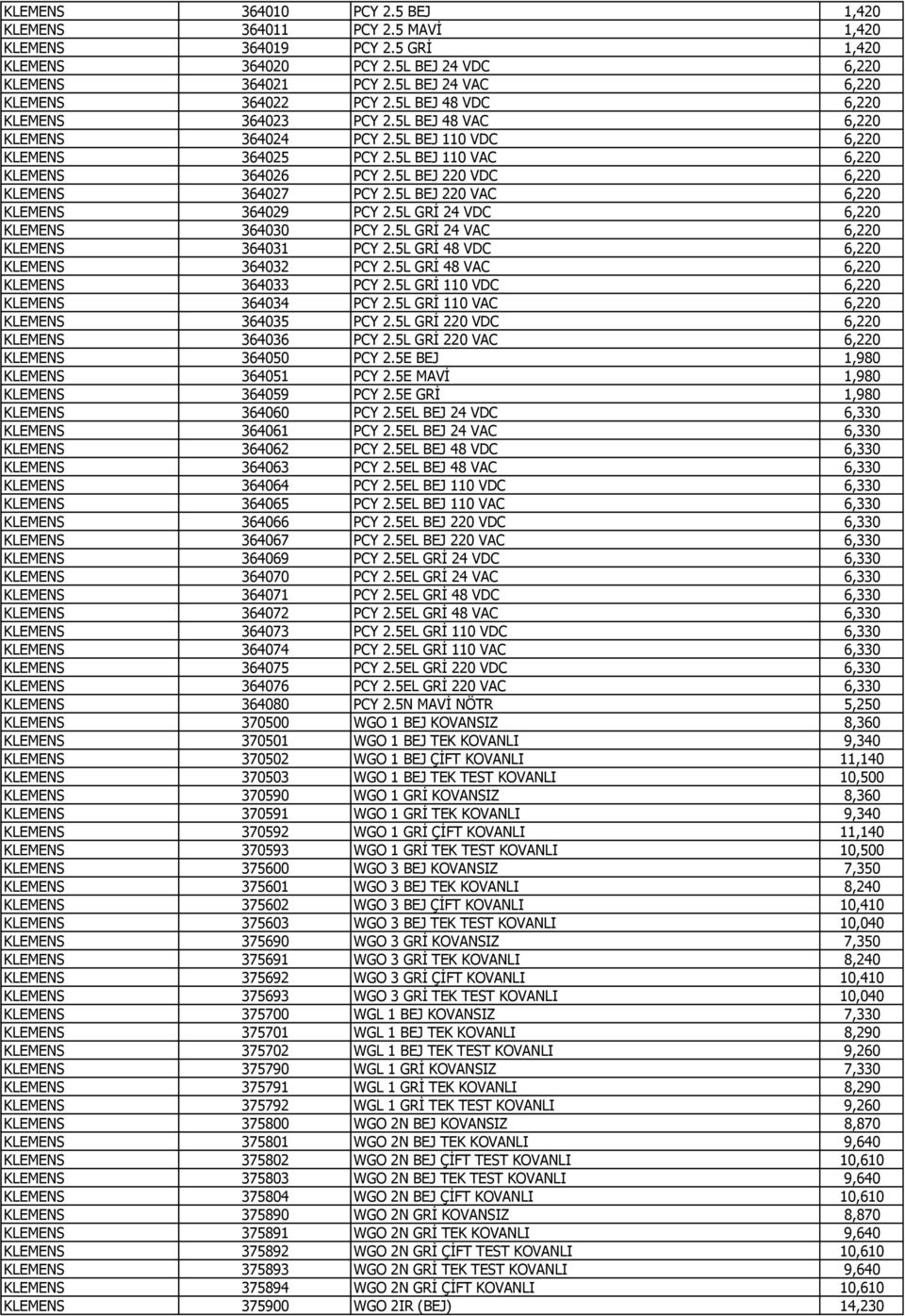 5L BEJ 110 VAC 6,220 KLEMENS 364026 PCY 2.5L BEJ 220 VDC 6,220 KLEMENS 364027 PCY 2.5L BEJ 220 VAC 6,220 KLEMENS 364029 PCY 2.5L GRİ 24 VDC 6,220 KLEMENS 364030 PCY 2.