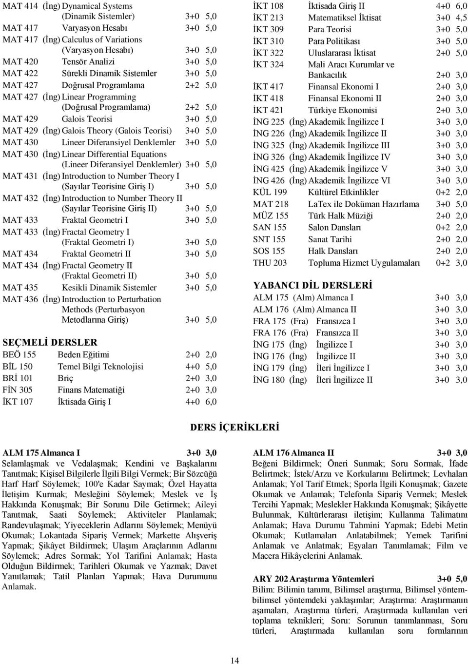 (Galois Teorisi) 3+0 5,0 MAT 430 Lineer Diferansiyel Denklemler 3+0 5,0 MAT 430 (İng) Linear Differential Equations (Lineer Diferansiyel Denklemler) 3+0 5,0 MAT 431 (İng) Introduction to Number