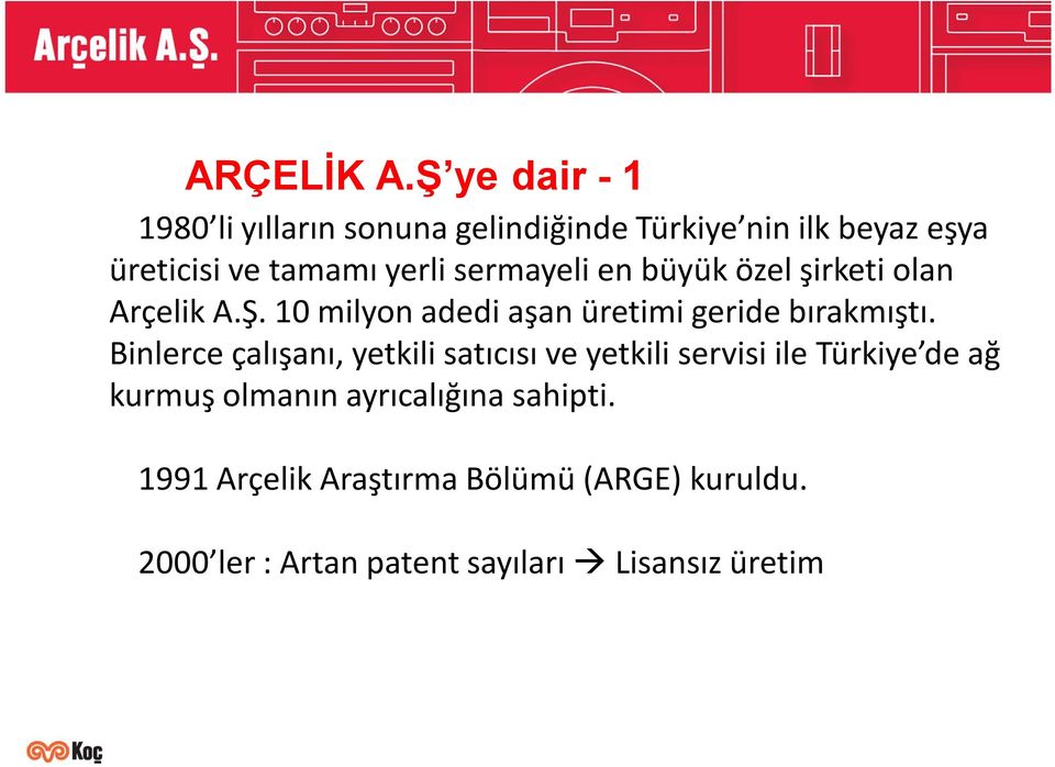 sermayeli en büyük özel şirketi olan Arçelik A.Ş. 10 milyon adedi aşan üretimi geride bırakmıştı.