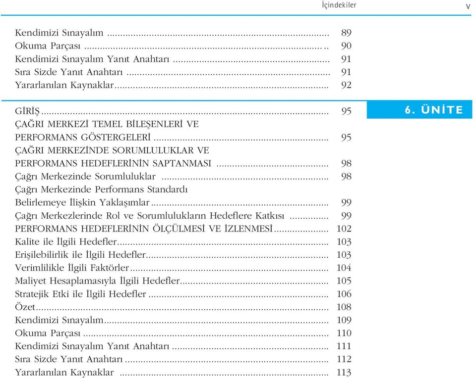 .. 98 Ça r Merkezinde Performans Standard Belirlemeye liflkin Yaklafl mlar... 99 Ça r Merkezlerinde Rol ve Sorumluluklar n Hedeflere Katk s... 99 PERFORMANS HEDEFLER N N ÖLÇÜLMES VE ZLENMES.