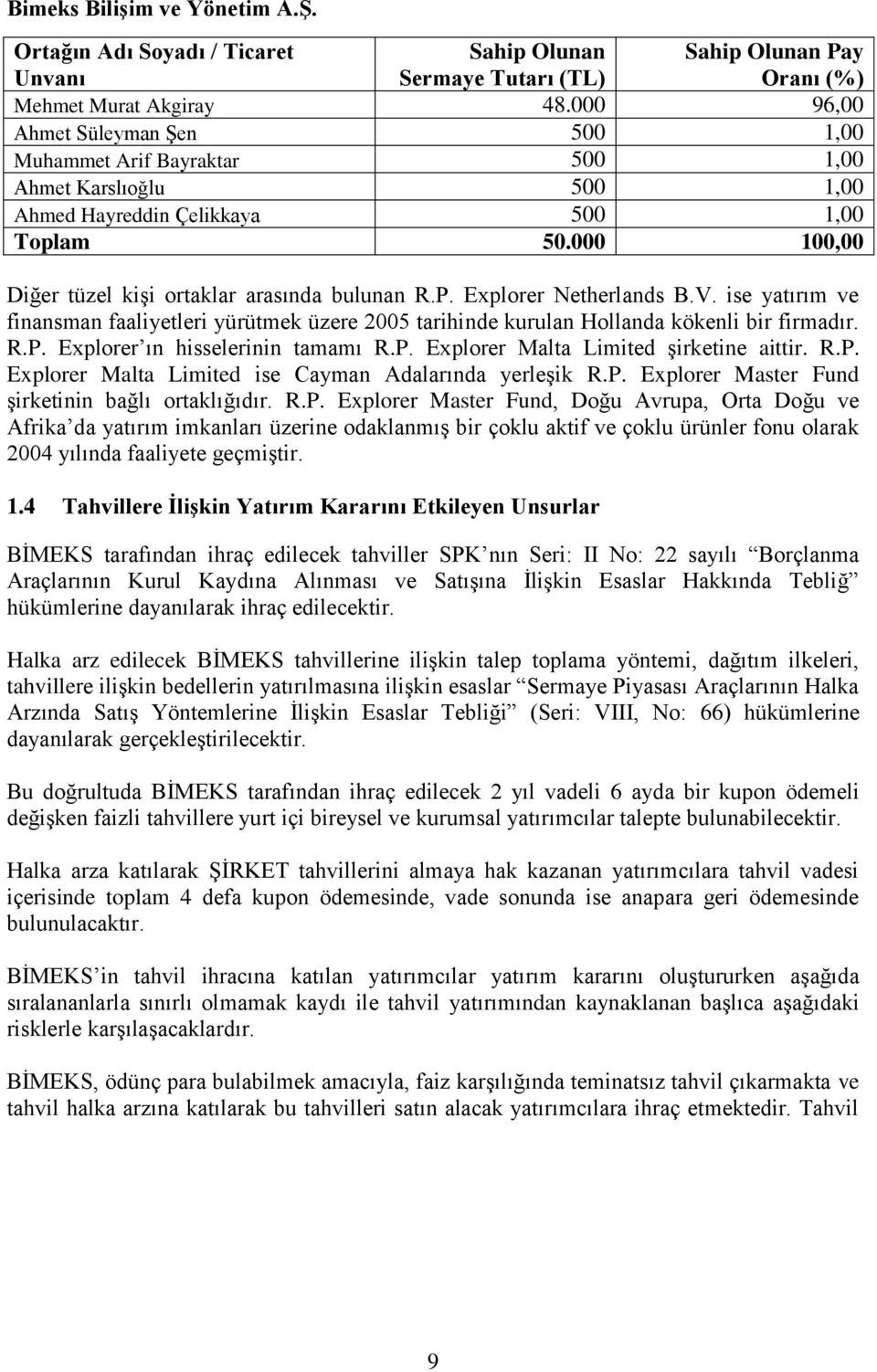 Explorer Netherlands B.V. ise yatırım ve finansman faaliyetleri yürütmek üzere 2005 tarihinde kurulan Hollanda kökenli bir firmadır. R.P. Explorer ın hisselerinin tamamı R.P. Explorer Malta Limited Ģirketine aittir.