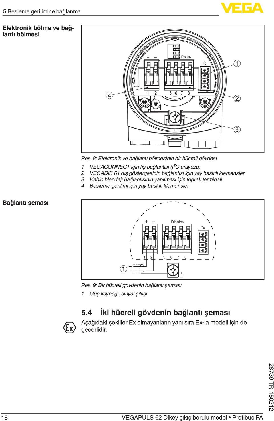 baskılı klemensler 3 Kablo blendajı bağlantısının yapılması için toprak terminali 4 Besleme gerilimi için yay baskılı klemensler Bağlantı şeması Display I2C