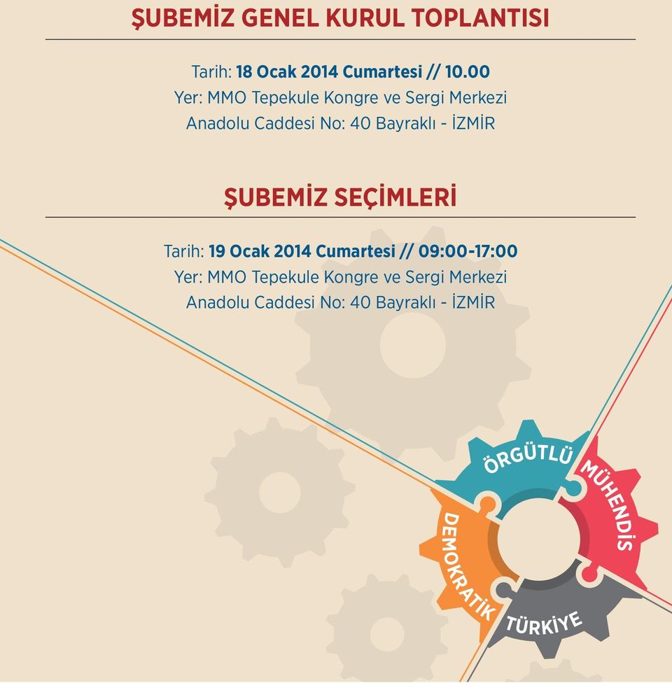 İZMİR ŞUBEMİZ SEÇİMLERİ Tarih: 19 Ocak 2014 Cumartesi // 09:00-17: İZMİR ÖRGÜTLÜ