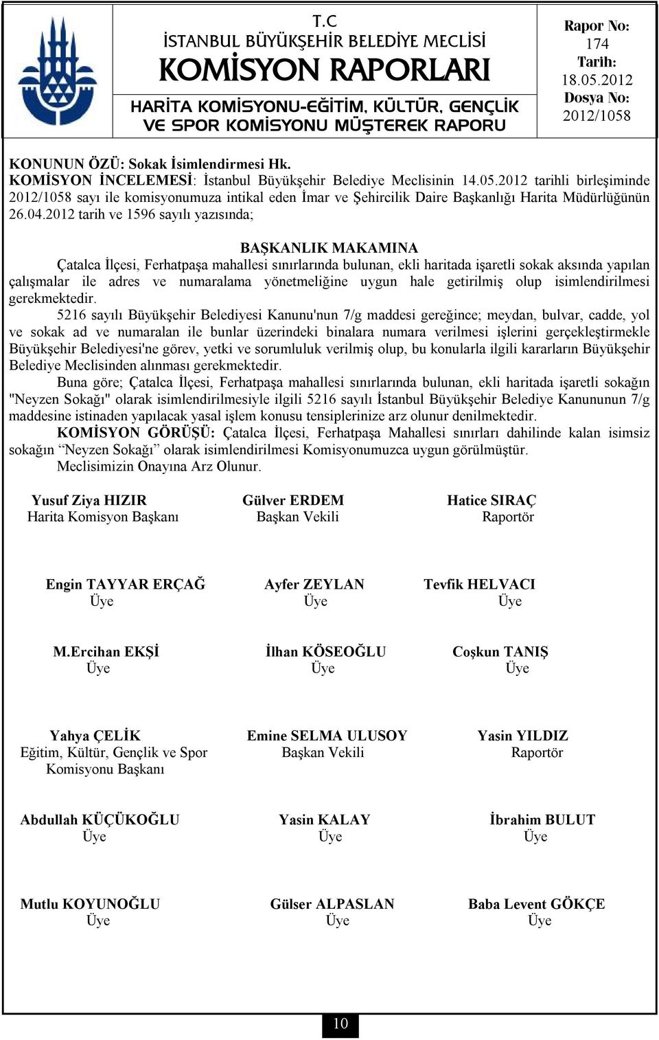 2012 tarihli birleşiminde 2012/1058 sayı ile komisyonumuza intikal eden İmar ve Şehircilik Daire Başkanlığı Harita Müdürlüğünün 26.04.