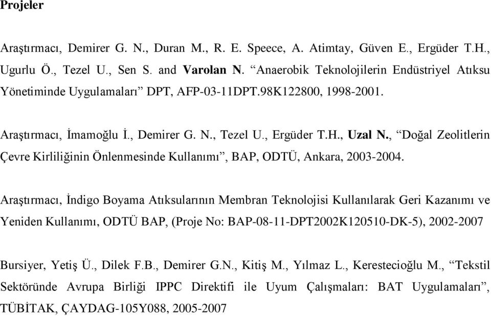 , Doğal Zeolitlerin Çevre Kirliliğinin Önlenmesinde Kullanımı, BAP, ODTÜ, Ankara, 2003-2004.