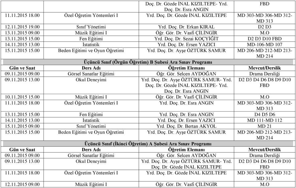 Doç. Dr. Ersen YAZICI MD-106-MD 107 15.11.2015 15.00 Beden Eğitimi ve Oyun Öğretimi Yrd. Doç. Dr. Ayşe ÖZTÜRK SAMUR MD 206-MD 212-MD 213- MD 214 Üçüncü Sınıf (Örgün Öğretim) B Şubesi Ara Sınav Programı 09.