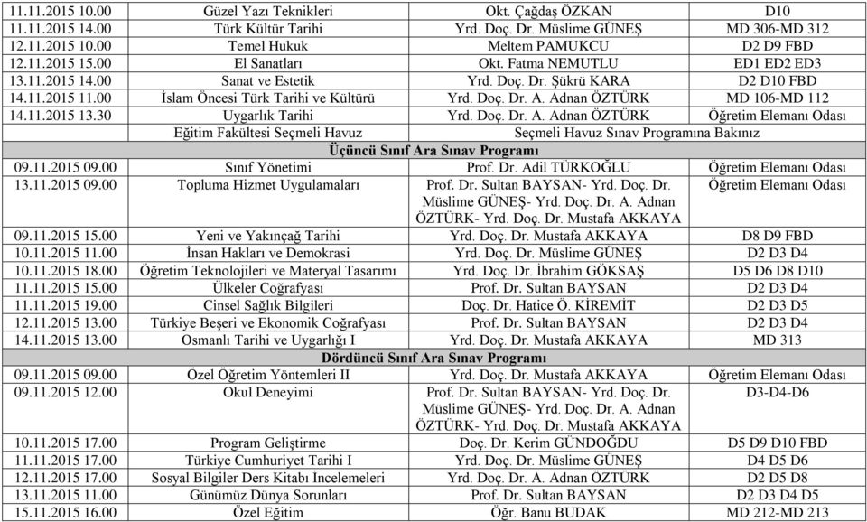 Adnan ÖZTÜRK MD 106-MD 112 14.11.2015 13.30 Uygarlık Tarihi Yrd. Doç. Dr. A. Adnan ÖZTÜRK Eğitim Fakültesi Seçmeli Havuz Üçüncü Sınıf Ara Sınav Programı 09.11.2015 09.00 Sınıf Yönetimi Prof. Dr. Adil TÜRKOĞLU 09.