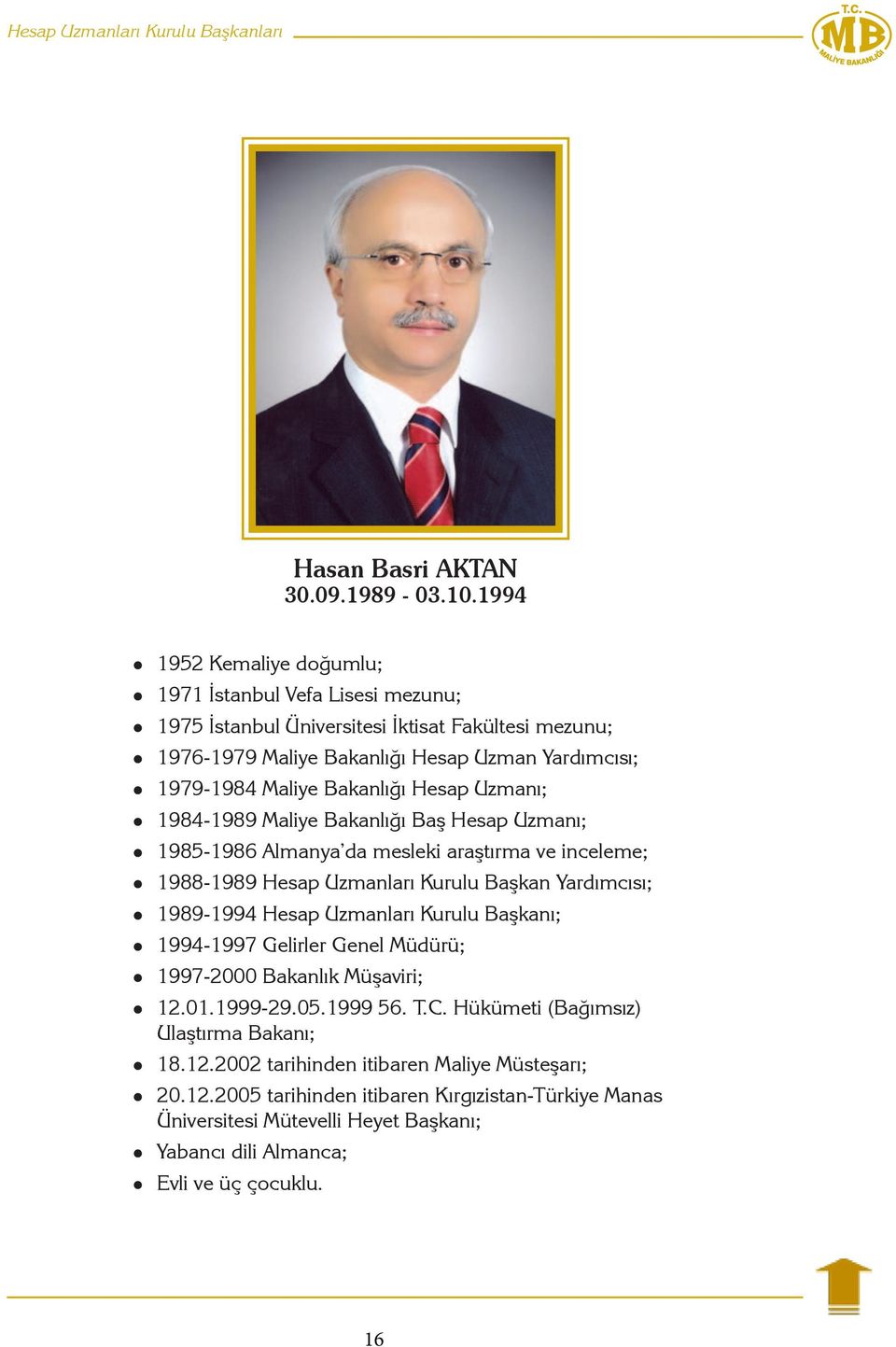 Hesap Uzmanı; 1984-1989 Maliye Bakanlığı Baş Hesap Uzmanı; 1985-1986 Almanya da mesleki araştırma ve inceleme; 1988-1989 Hesap Uzmanları Kurulu Başkan Yardımcısı; 1989-1994 Hesap Uzmanları Kurulu