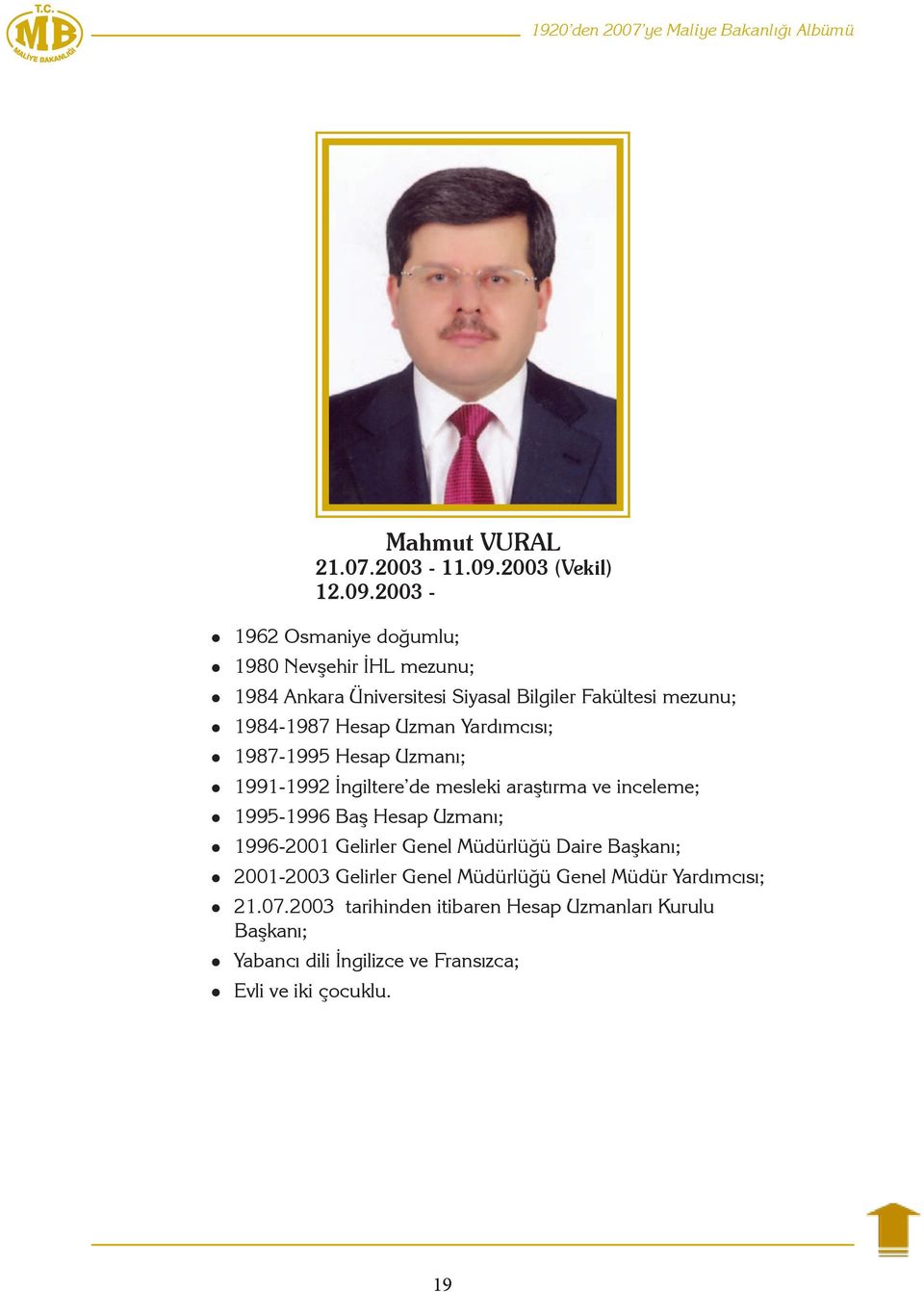 2003-1962 Osmaniye doğumlu; 1980 Nevşehir İHL mezunu; 1984 Ankara Üniversitesi Siyasal Bilgiler Fakültesi mezunu; 1984-1987 Hesap Uzman