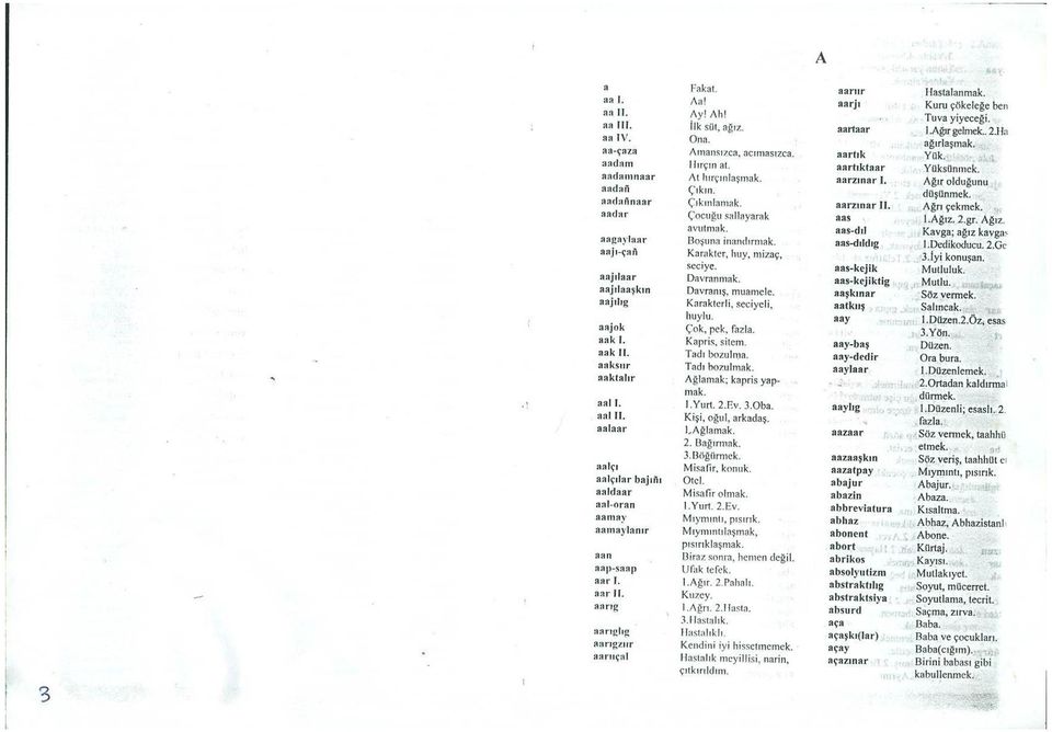 a:iii:lflnaa r Ç'lklillanwk. earzm ar 11. Agn çekmek. aadar Ç'OCUPlisallayarak au I.AgI2. 2.gr. Ag!1.. avutmak. aas -d il Kavga; aglz kavgall a.ea ~ laa r n {l~u n a inandrrmak. au-d dd l ~ l.