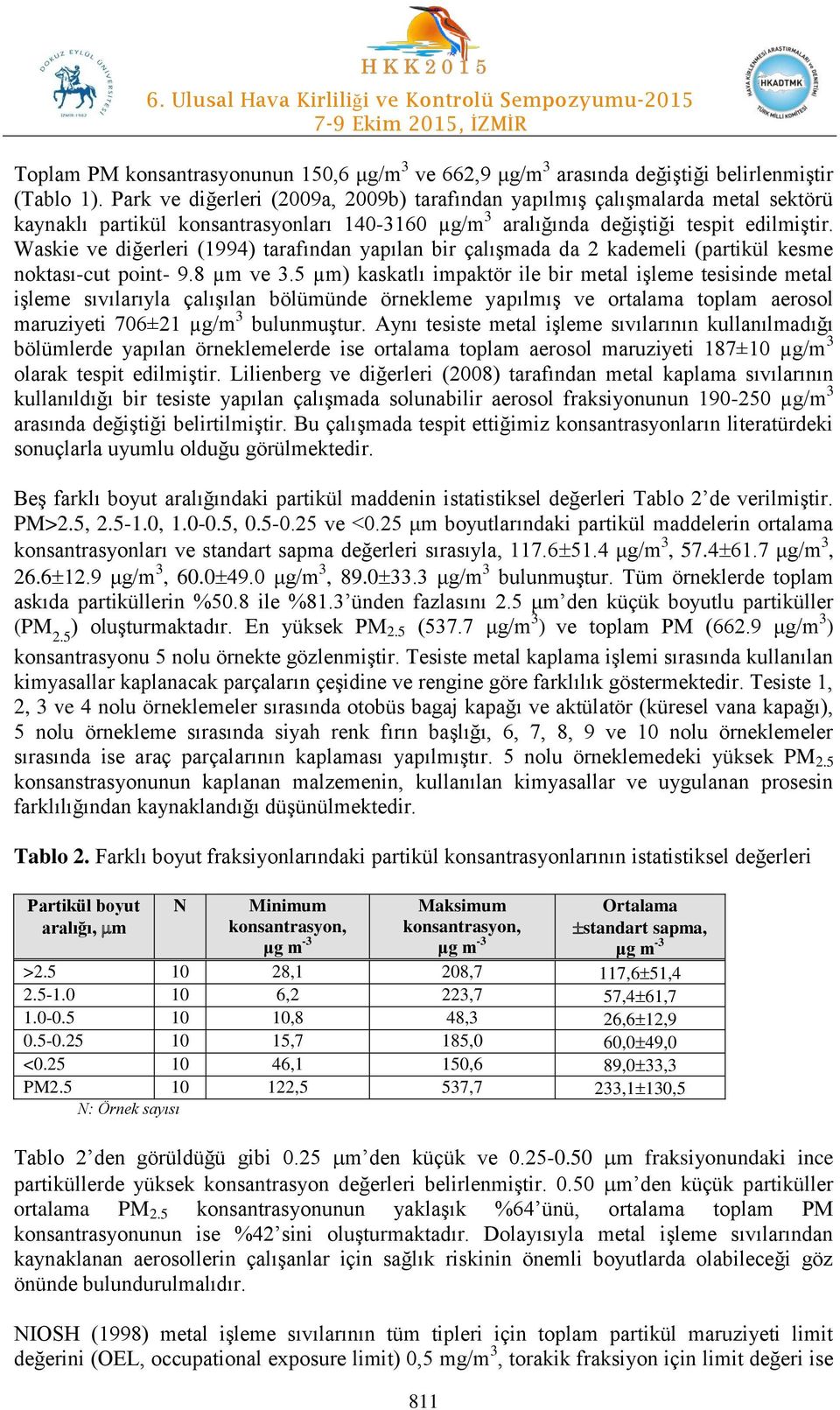 Waskie ve diğerleri (1994) tarafından yapılan bir çalışmada da 2 kademeli (partikül kesme noktası-cut point- 9.8 µm ve 3.