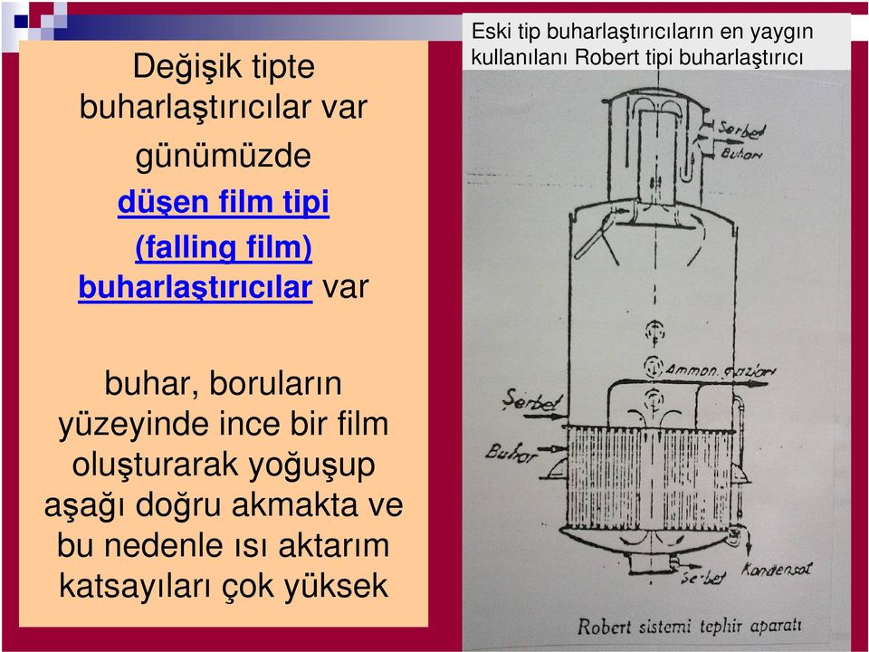 Robert tipi buharlaştırıcı buhar, boruların yüzeyinde ince bir film