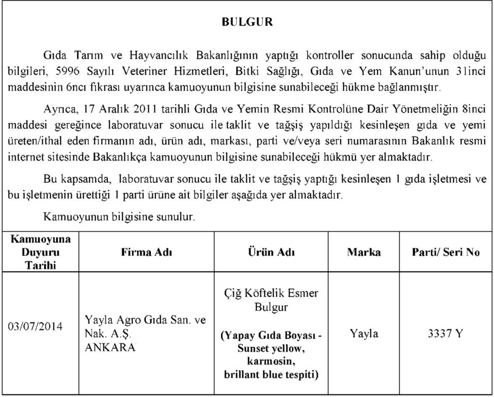 Ayrıca, 7 Aralık 20 tarihli Gıda ve Yemin Resmi Kontrolüne Dair Yönetmeliğin 8inci maddesi gereğince laboratuvar sonucu ile taklit ve tağşiş yapıldığı kesinleşen gıda ve yemi üreten/ithal eden