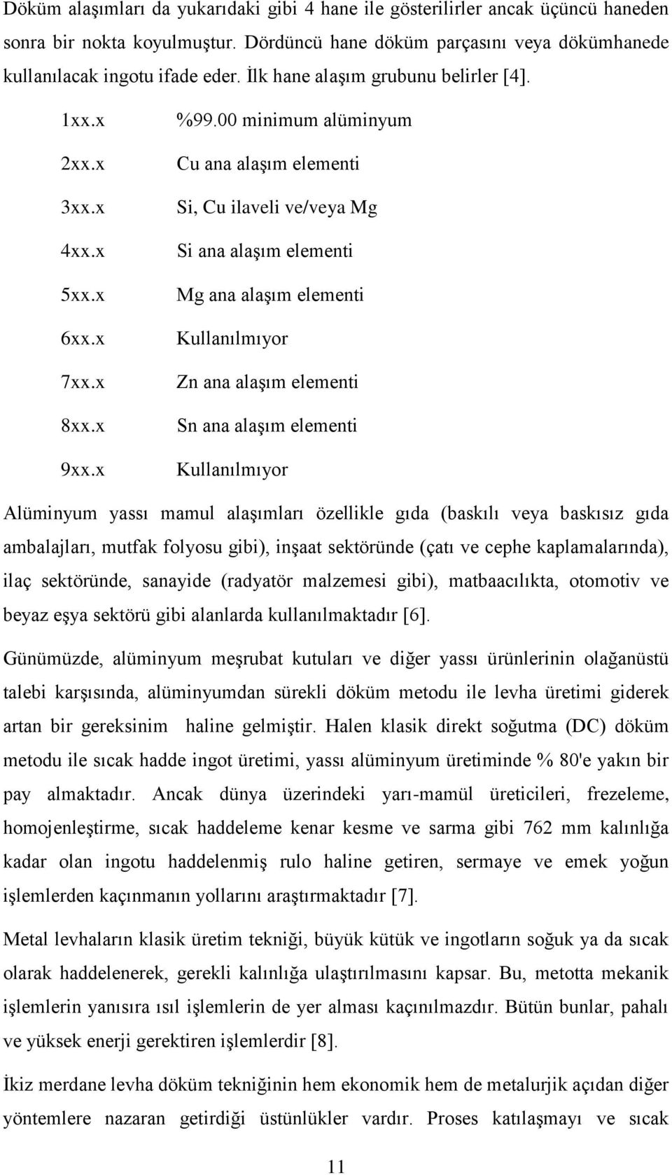 00 minimum alüminyum Cu ana alaģım elementi Si, Cu ilaveli ve/veya Mg Si ana alaģım elementi Mg ana alaģım elementi Kullanılmıyor Zn ana alaģım elementi Sn ana alaģım elementi Kullanılmıyor Alüminyum