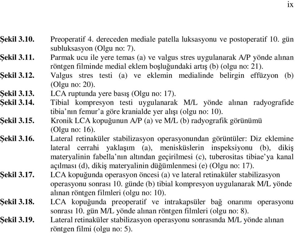 Valgus stres testi (a) ve eklemin medialinde belirgin effüzyon (b) (Olgu no: 20). Şekil 3.13. LCA ruptunda yere basış (Olgu no: 17). Şekil 3.14.