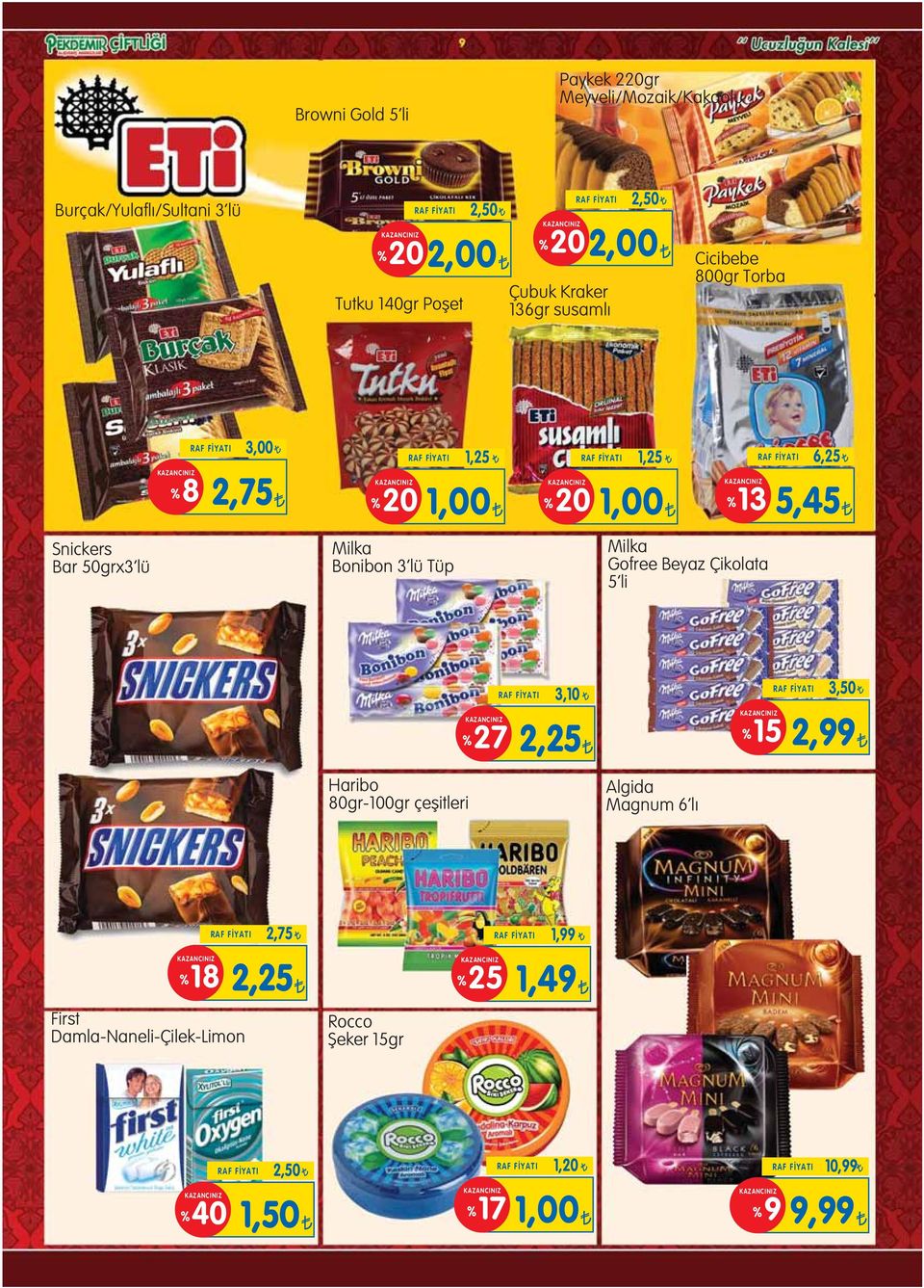 Milka Bonibon 3 lü Tüp Milka Gofree Beyaz Çikolata 5 li %27 RAF FİYATI 3,10 2,25 %15 RAF FİYATI 3,50 2,99 Haribo 80gr-100gr çeflitleri Algida Magnum 6 l