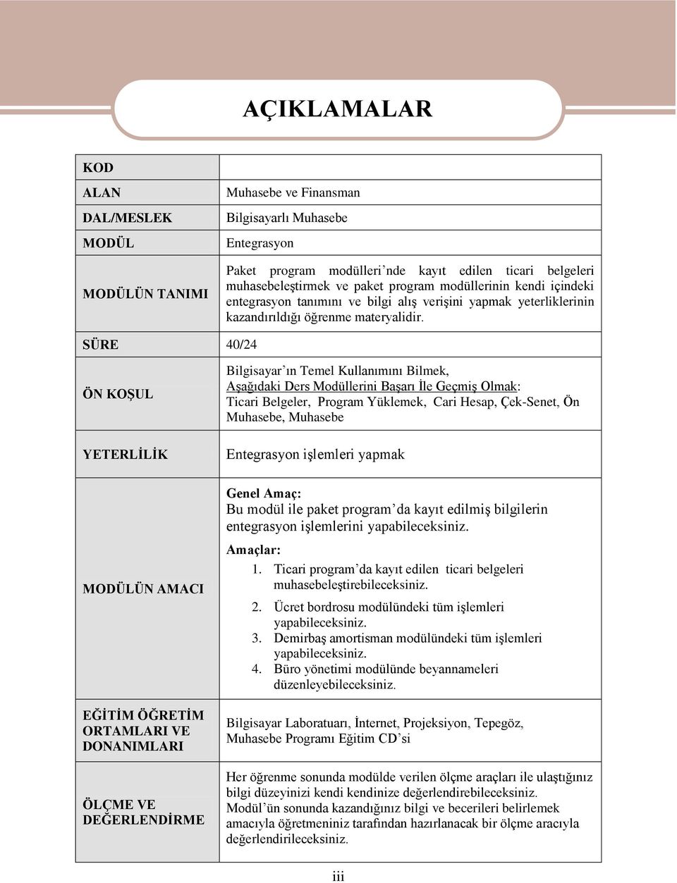 SÜRE 40/24 ÖN KOġUL YETERLĠLĠK Bilgisayar ın Temel Kullanımını Bilmek, AĢağıdaki Ders Modüllerini BaĢarı Ġle GeçmiĢ Olmak: Ticari Belgeler, Program Yüklemek, Cari Hesap, Çek-Senet, Ön Muhasebe,