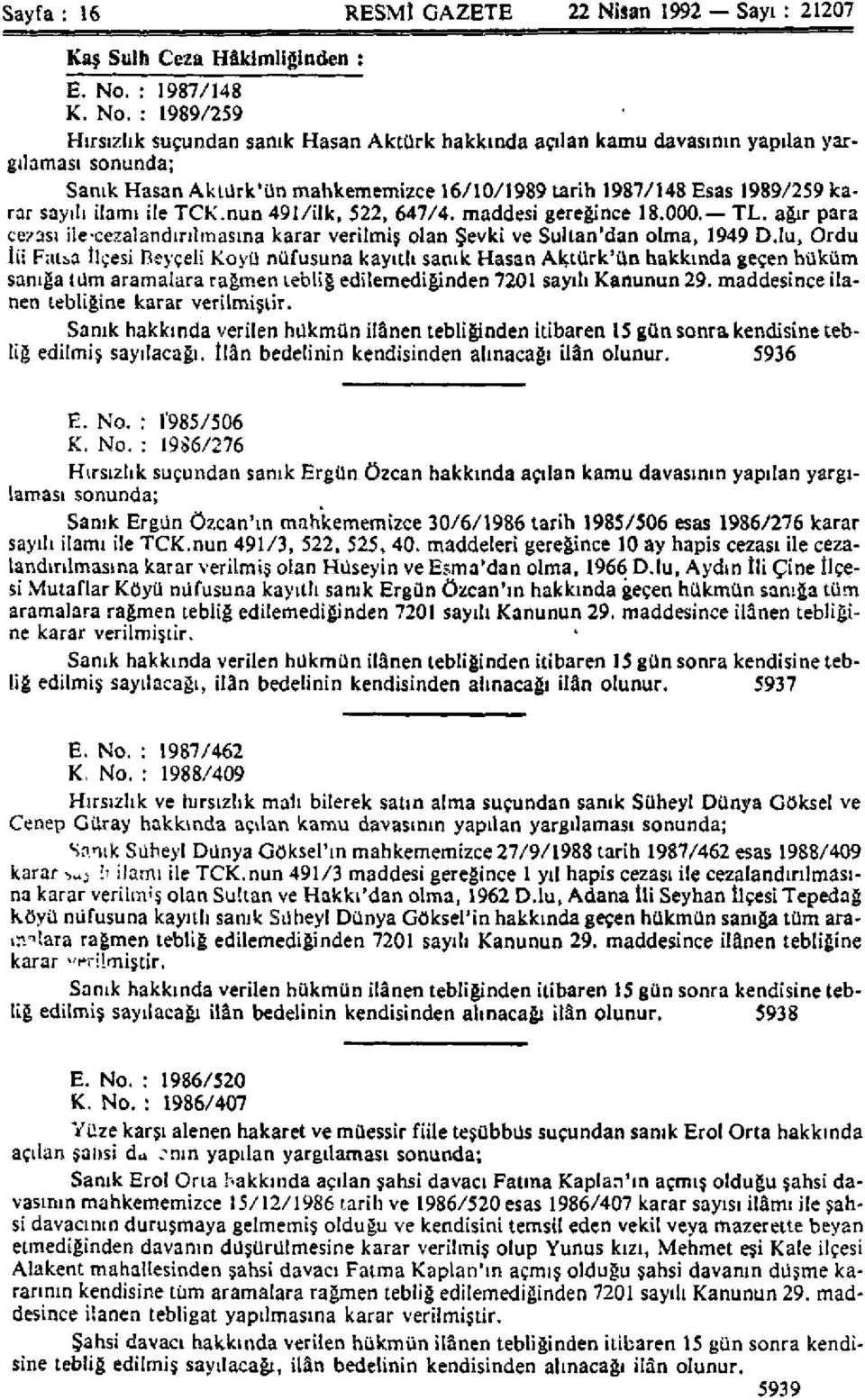 : 1989/259 Hırsızlık suçundan sanık Hasan Aktürk hakkında açılan kamu davasının yapılan yargılaması sonunda; Sanık Hasan Aklürk'ün mahkememizce 16/10/1989 tarih 1987/148 Esas 1989/259 karar sayılı