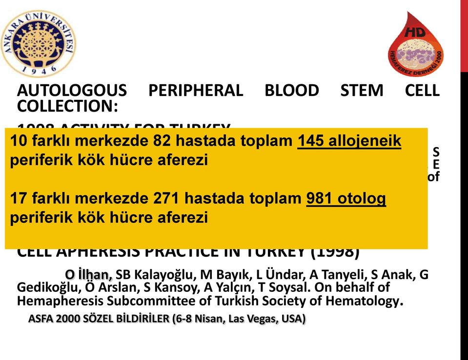On behalf of Turkish Apheresis Group 17 farklı merkezde 271 hastada toplam 981 otolog periferik NATIONAL köksurvey hücre aferezi OF ALLOGENEIC PERIPHERAL BLOOD STEM CELL APHERESIS PRACTICE IN
