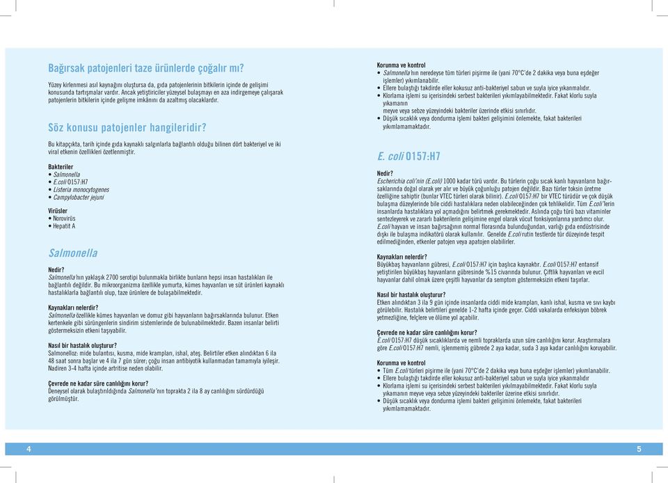 Bu kitapçıkta, tarih içinde gıda kaynaklı salgınlarla bağlantılı olduğu bilinen dört bakteriyel ve iki viral etkenin özellikleri özetlenmiştir. Bakteriler Salmonella E.