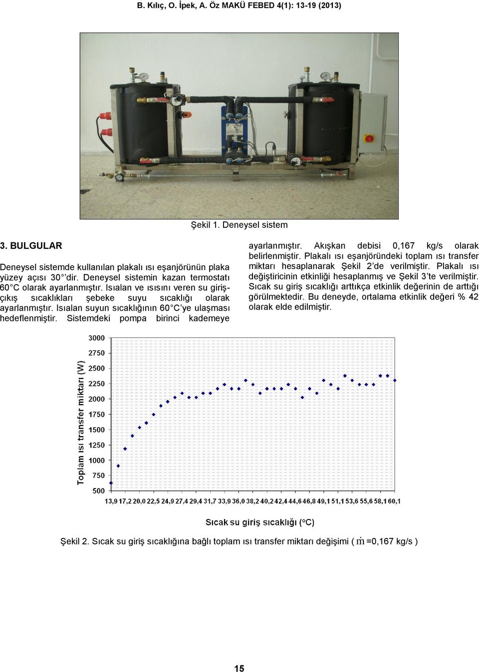 Sistemdeki pompa birinci kademeye ayarlanmıştır. Akışkan debisi 0,167 kg/s olarak belirlenmiştir. Plakalı ısı eşanjöründeki toplam ısı transfer miktarı hesaplanarak Şekil 2 de verilmiştir.