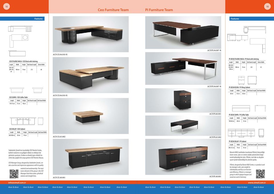 010-R CEO ETAJERLİ MASA / CEO Desk with shelving Side Board Length Shelve Width 330-310 290-270 100 74 215 60 Pİ-DESK ETAJERLİ MASA / PI Desk with shelving Side Board Length Shelve Width 280-240-