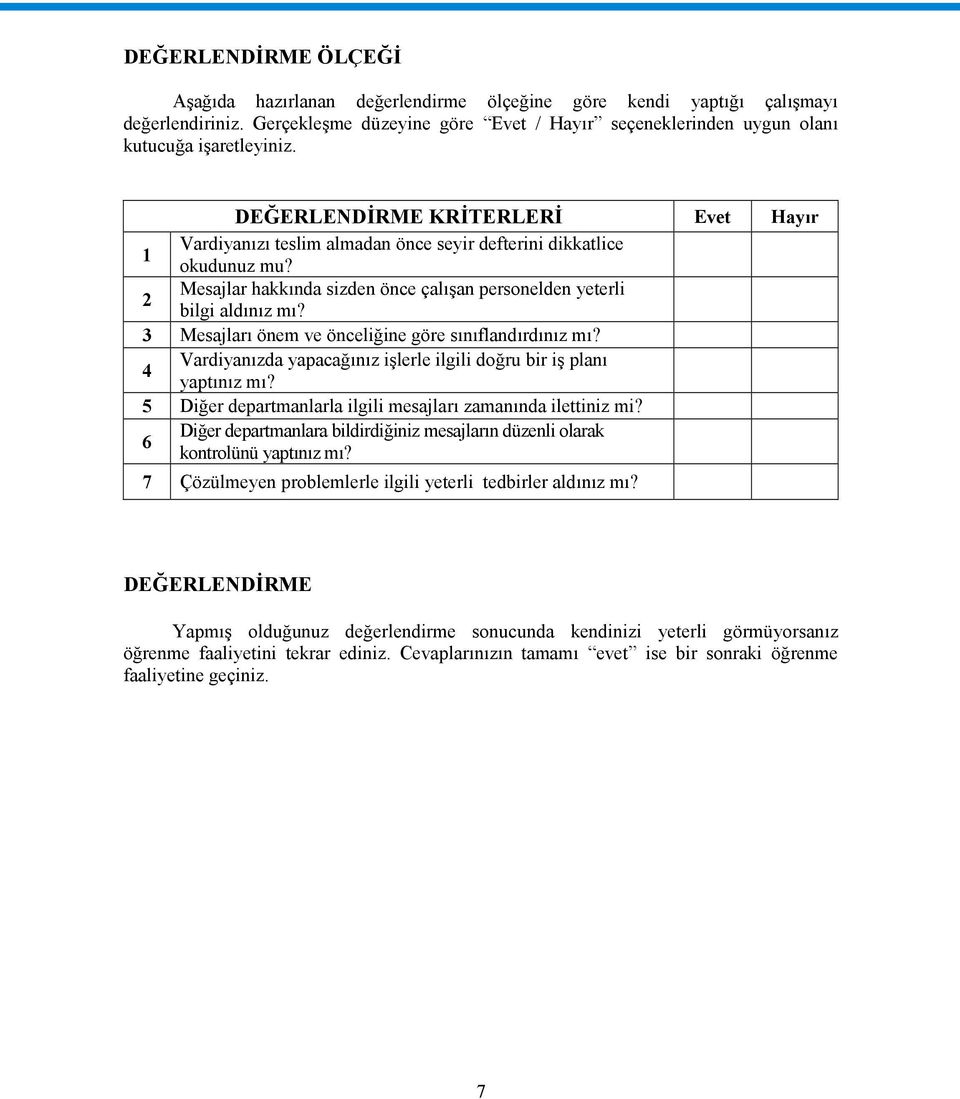 3 Mesajları önem ve önceliğine göre sınıflandırdınız mı? 4 Vardiyanızda yapacağınız işlerle ilgili doğru bir iş planı yaptınız mı? 5 Diğer departmanlarla ilgili mesajları zamanında ilettiniz mi?