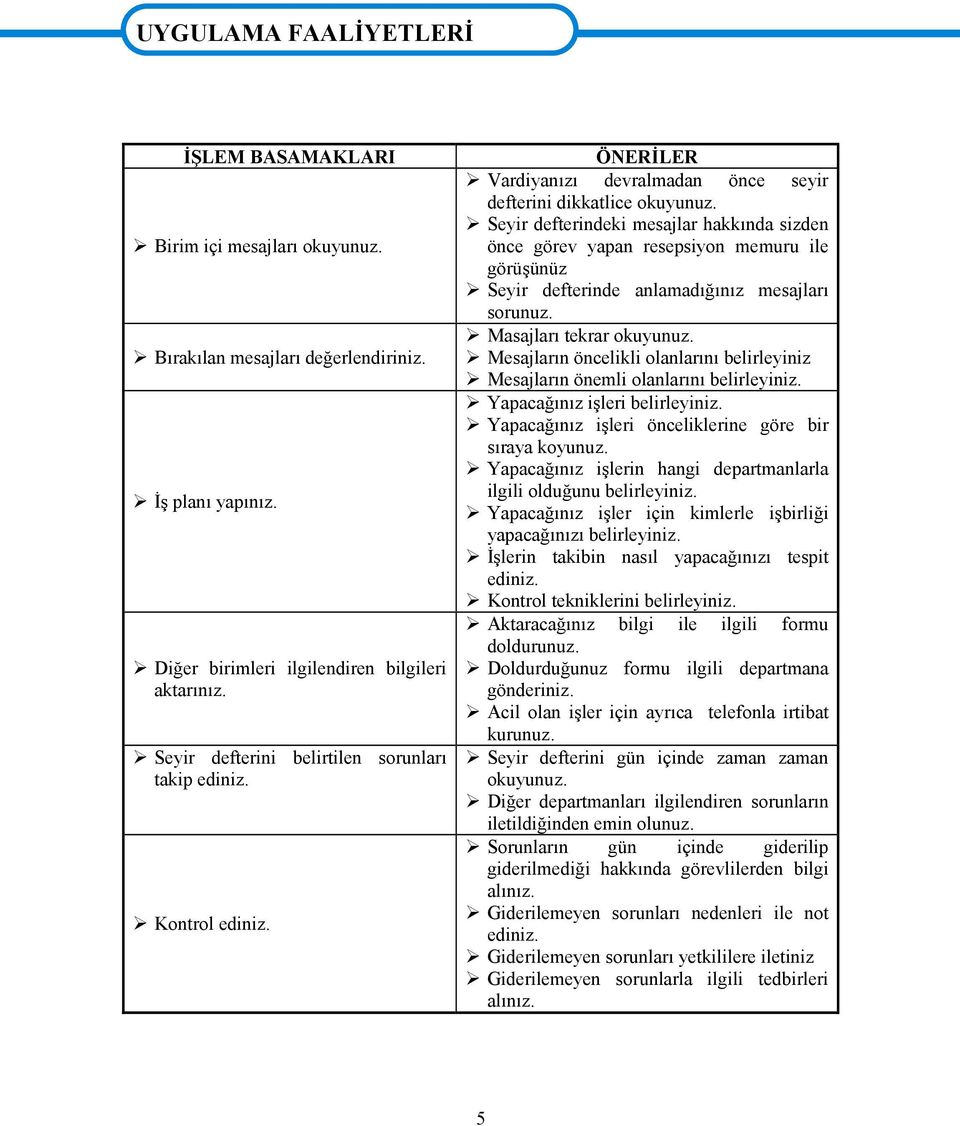 Seyir defterindeki mesajlar hakkında sizden önce görev yapan resepsiyon memuru ile görüşünüz Seyir defterinde anlamadığınız mesajları sorunuz. Masajları tekrar okuyunuz.