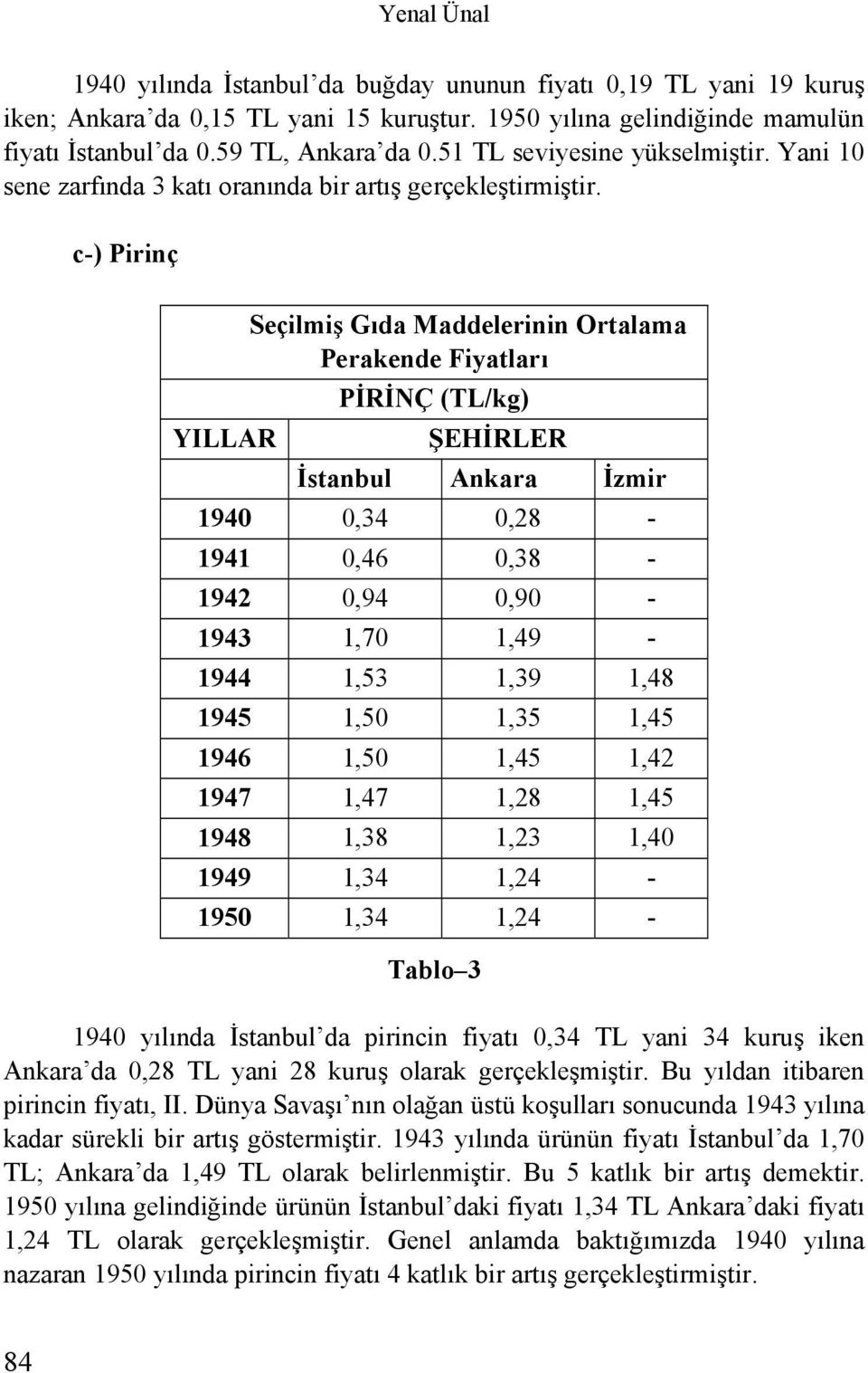 c-) Pirinç YILLAR Seçilmiş Gıda Maddelerinin Ortalama Perakende Fiyatları PİRİNÇ (TL/kg) ŞEHİRLER İstanbul Ankara İzmir 1940 0,34 0,28-1941 0,46 0,38-1942 0,94 0,90-1943 1,70 1,49-1944 1,53 1,39 1,48