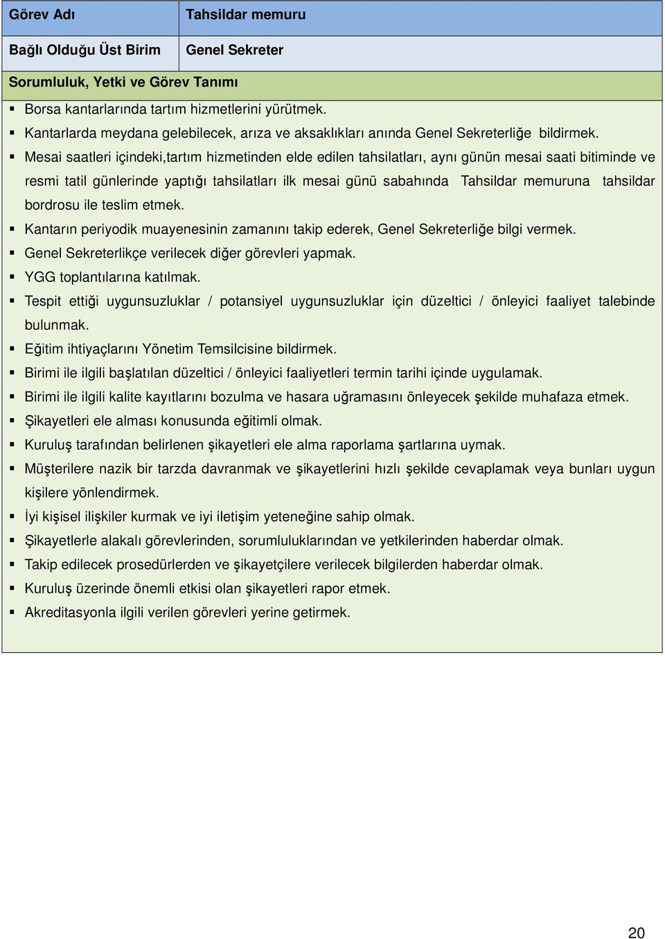 Mesai saatleri içindeki,tartım hizmetinden elde edilen tahsilatları, aynı günün mesai saati bitiminde ve resmi tatil günlerinde yaptığı tahsilatları ilk mesai günü sabahında Tahsildar memuruna